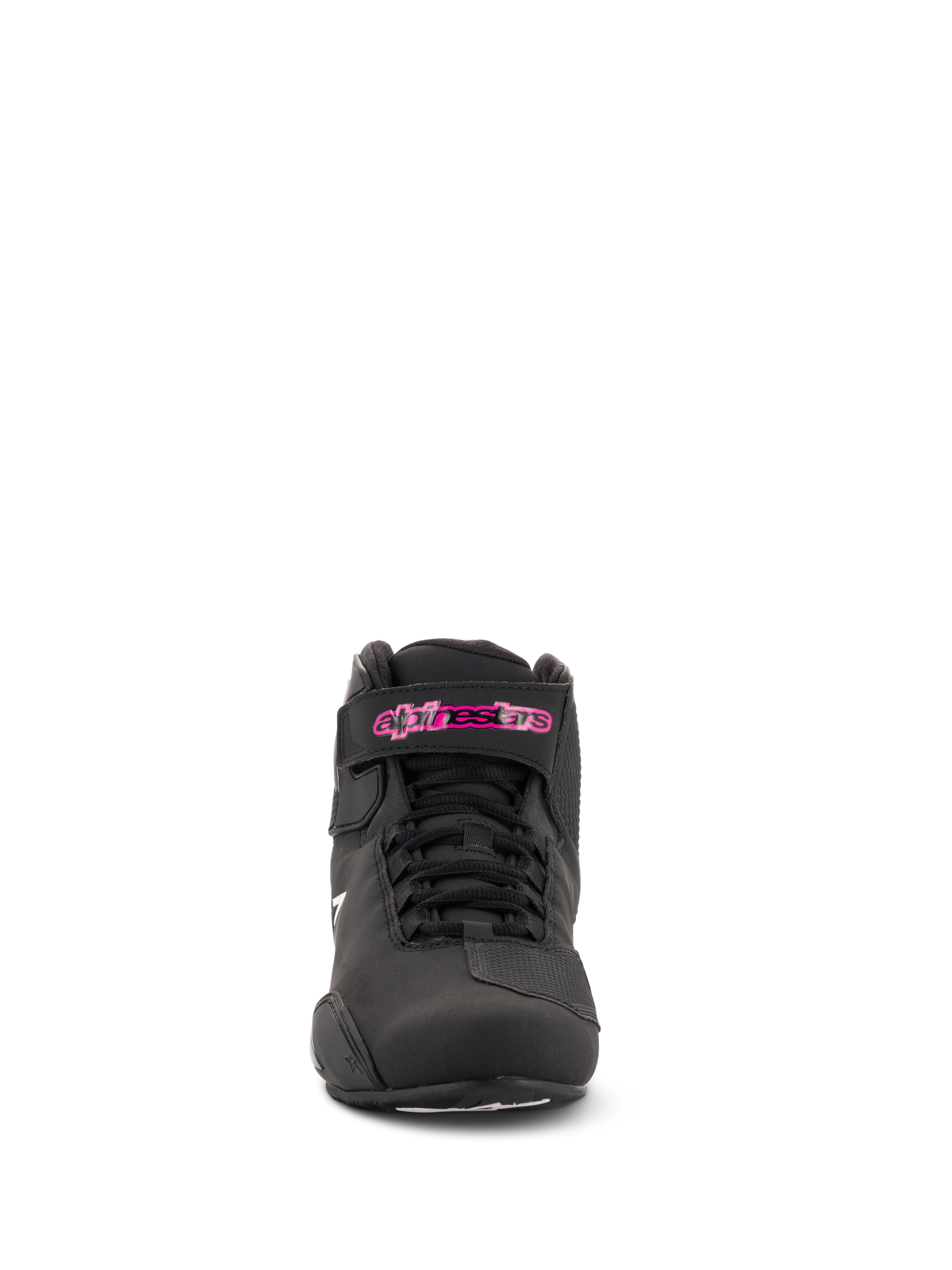 Alpinestars Women Stella Sektor Shoes, Motorcycle Riding Shoes, Black Fuchsia, front view, featuring microfiber construction, black laces, and a fuchsia logo on the ankle strap, sleek sport-inspired design.