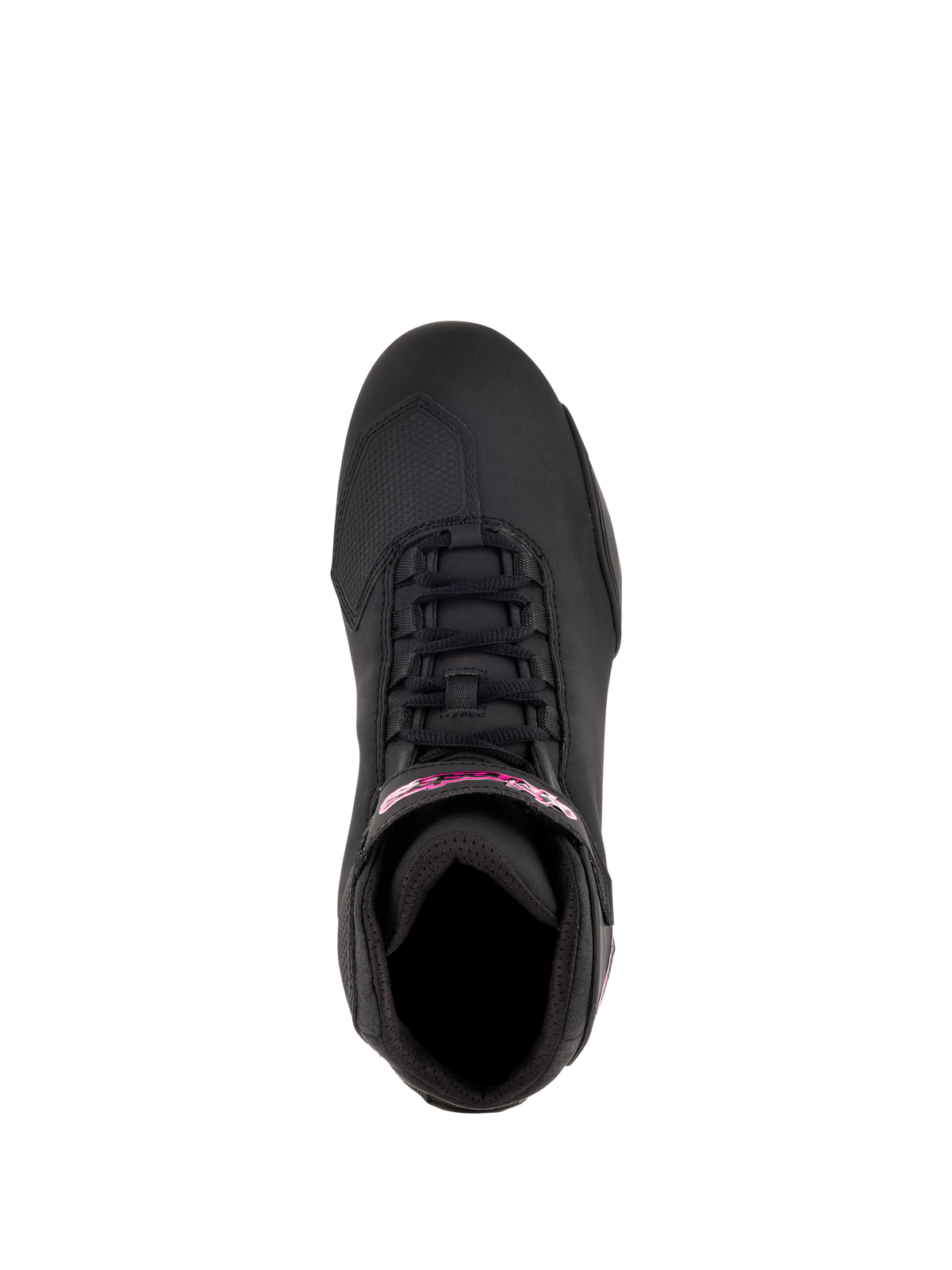Alpinestars Women Stella Sektor Shoes, Motorcycle Riding Shoes, Black and Fuchsia, top-down view showing speed lace system and fuchsia branding on the ankle strap, lightweight microfiber construction with a sleek sport profile