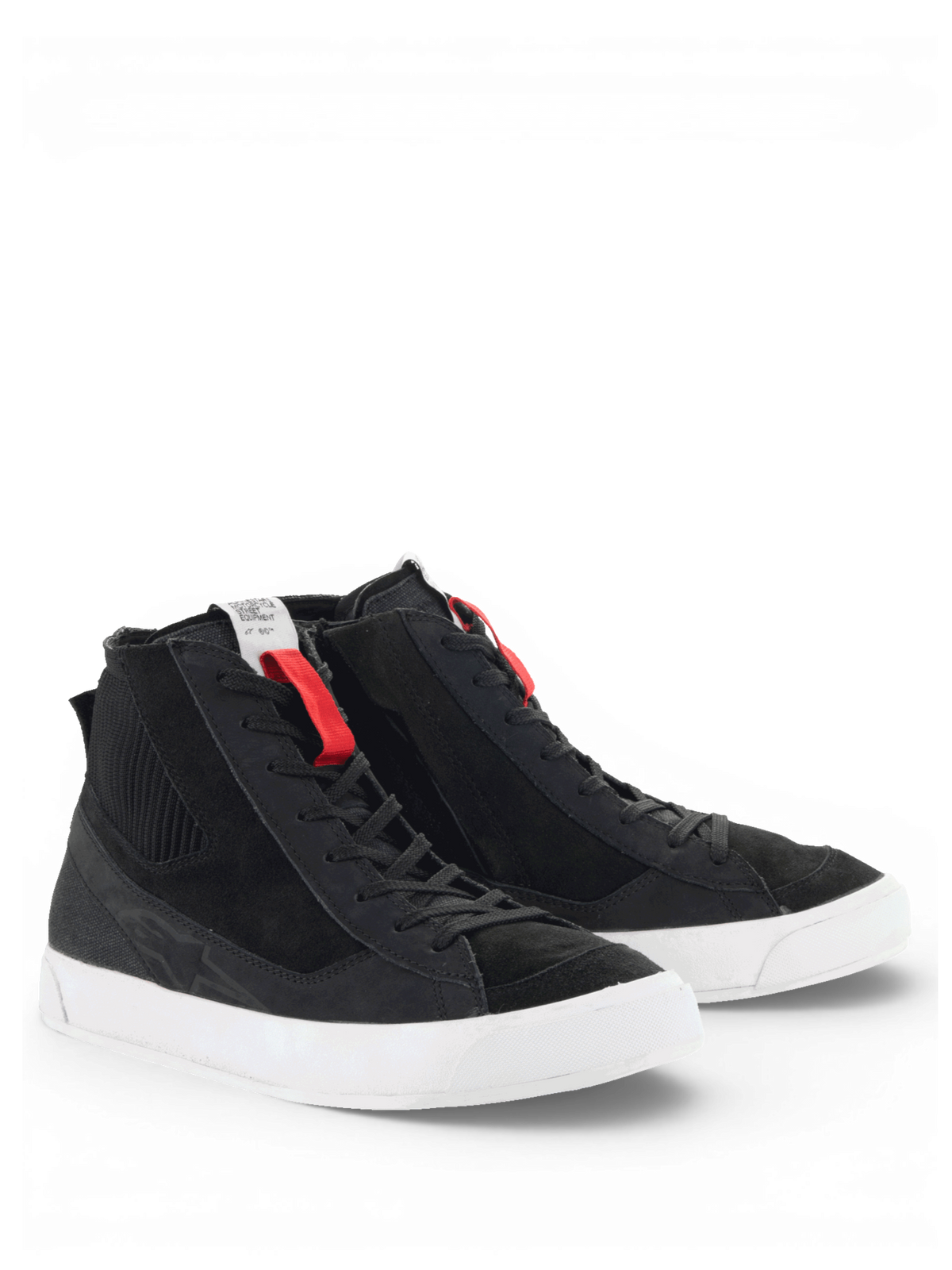Alpinestars Stated Schuhe, urbane Motorrad-Sneaker im Retro-Skate-Stil, Schwarz und Weiß, aus Nubuk und Wildleder.