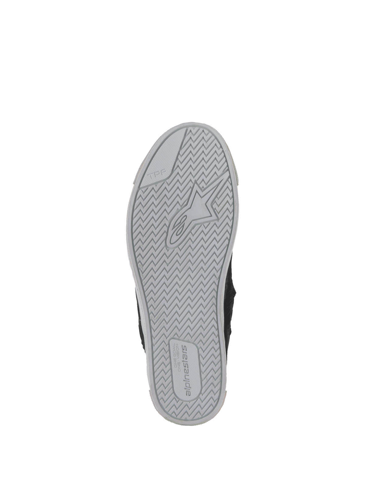Alpinestars Stated Schuhe, Ansicht der Außensohle, hellgraue vulkanisierte Gummisohle mit TPF-Unterstützung für urbanes Motorradfahren.