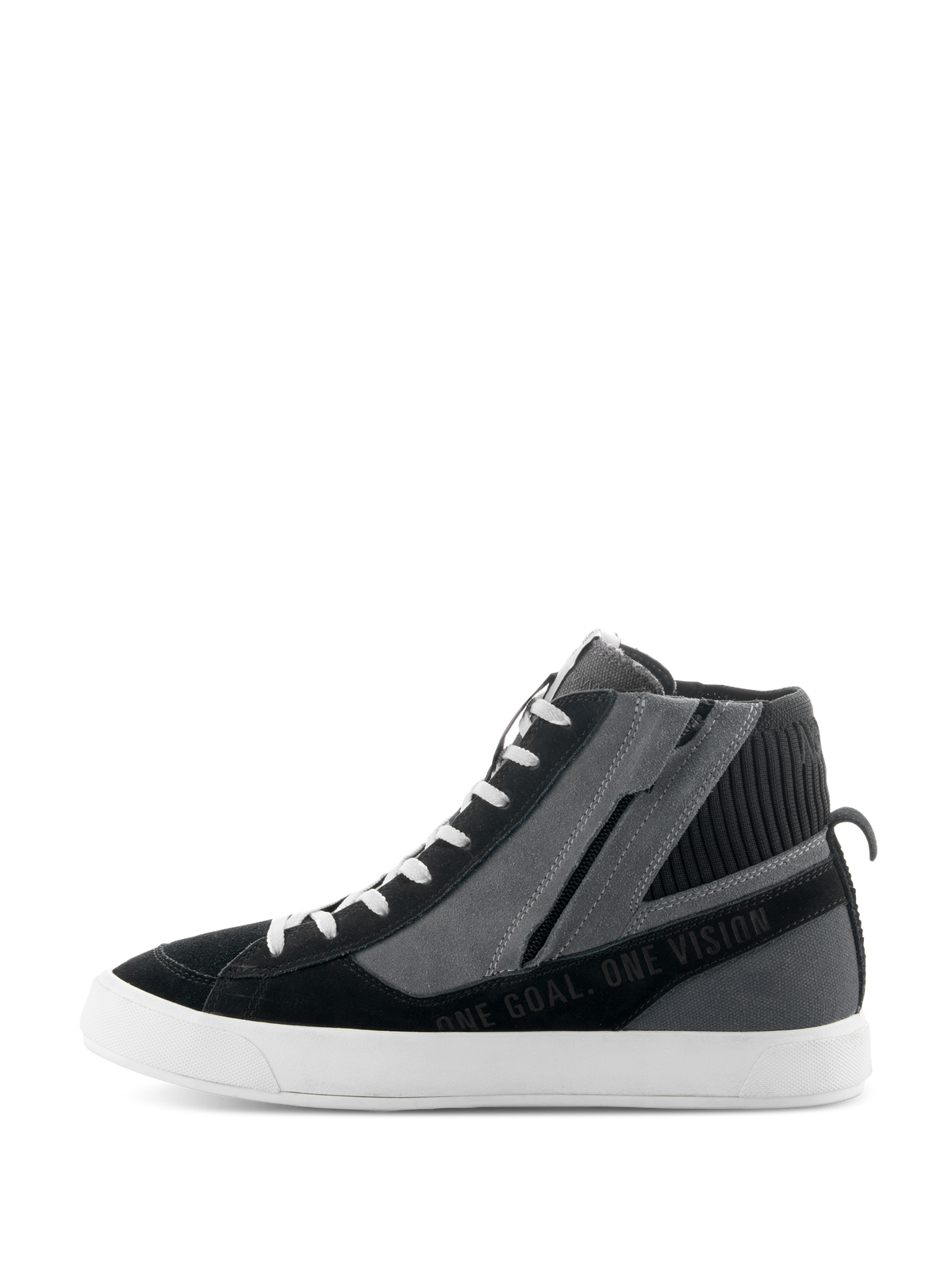 Alpinestars Stated Schuhe, urbane Motorradschuhe in Schwarz, Grau und Weiß, Seitenansicht im High-Top-Sneaker-Design, seitlicher Reißverschluss, weiße vulkanisierte Sohle, mit „ONE GOAL. ONE VISION“-Schriftzug