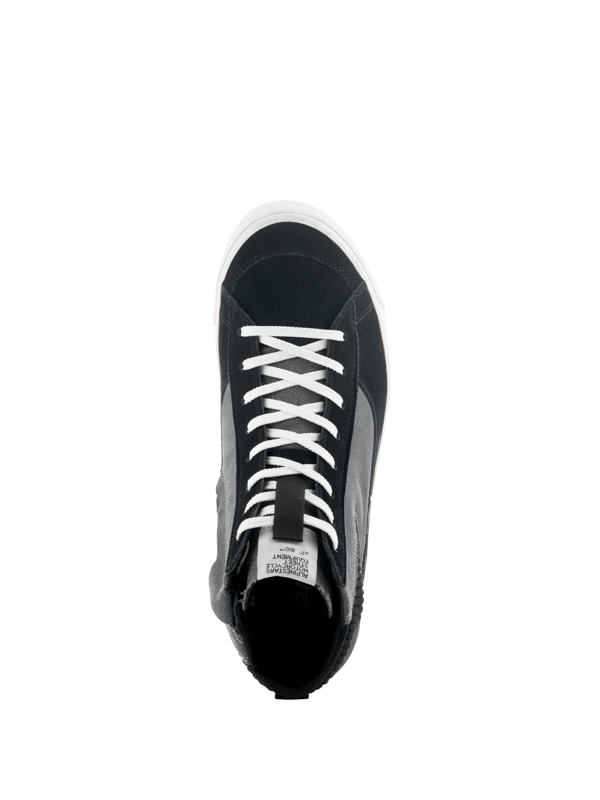 Alpinestars Stated Schuhe, Draufsicht eines schwarz-grau-weißen Motorrad-Sneakers, mit weißen Schnürsenkeln, Obermaterial aus Spaltleder und Canvas, weiße vulkanisierte Sohle, urbanes Schuhwerk für Motorradfahrer