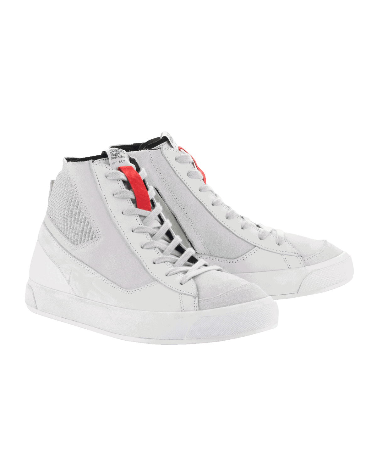 Alpinestars Stated Shoes, Motorcycle Riding Shoes, White Cool Gray, retro-style high-top sneakers with vulcanized rubber soles, red lace loop accents, and durable nubuck and canvas construction.