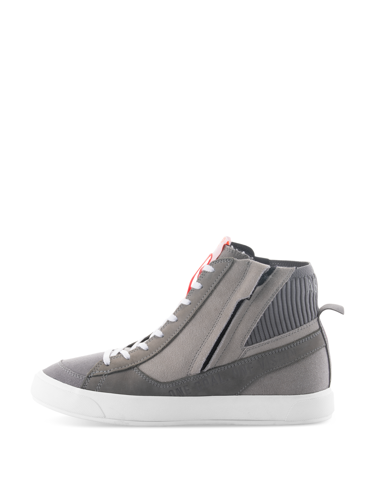 Alpinestars Stated Schuhe, urbane Motorradschuhe in Hellgrau, Fluo-Rot und Weiß, High-Top-Retro-Sneaker-Design mit Obermaterial aus grauem Wildleder und Canvas, seitlichem Reißverschluss und weißer vulkanisierter Sohle
