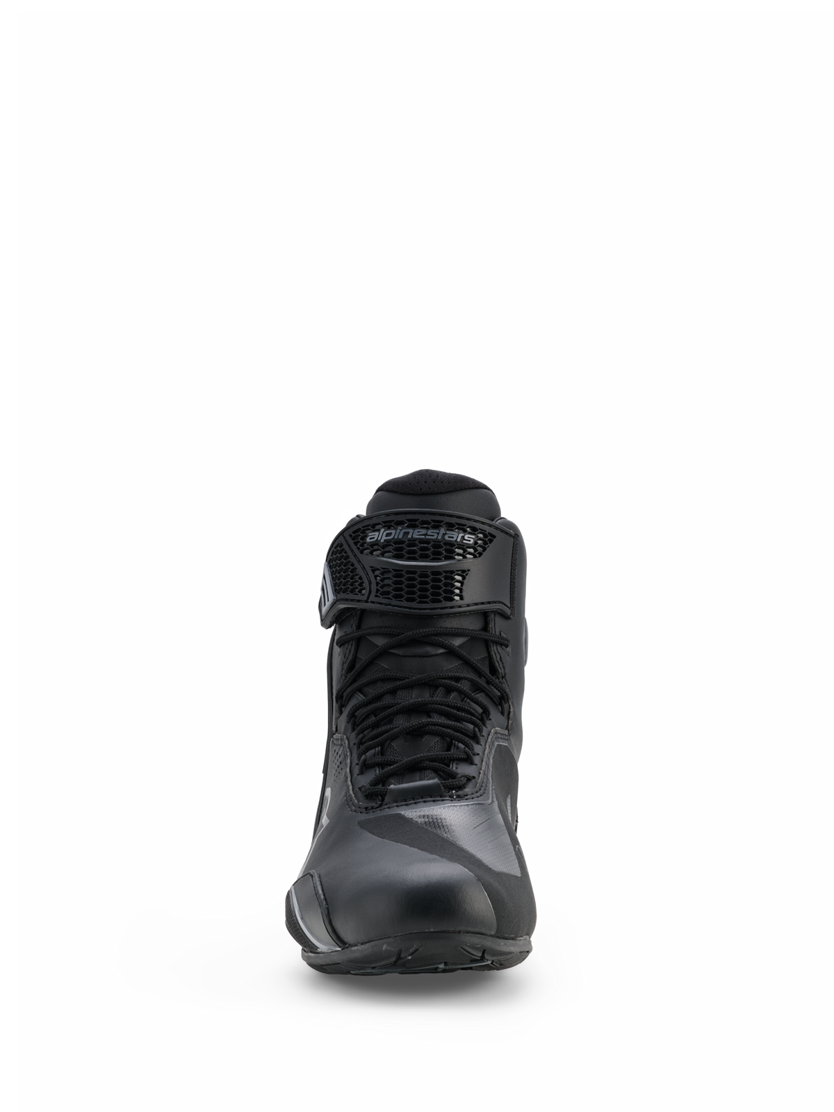 Alpinestars Faster-4 Drystar® Shoes, Motorcycle Riding Shoes, Black and Cool Gray, front view featuring lace-up closure and adjustable hook-and-loop strap with Alpinestars branding, sleek waterproof design for road sports