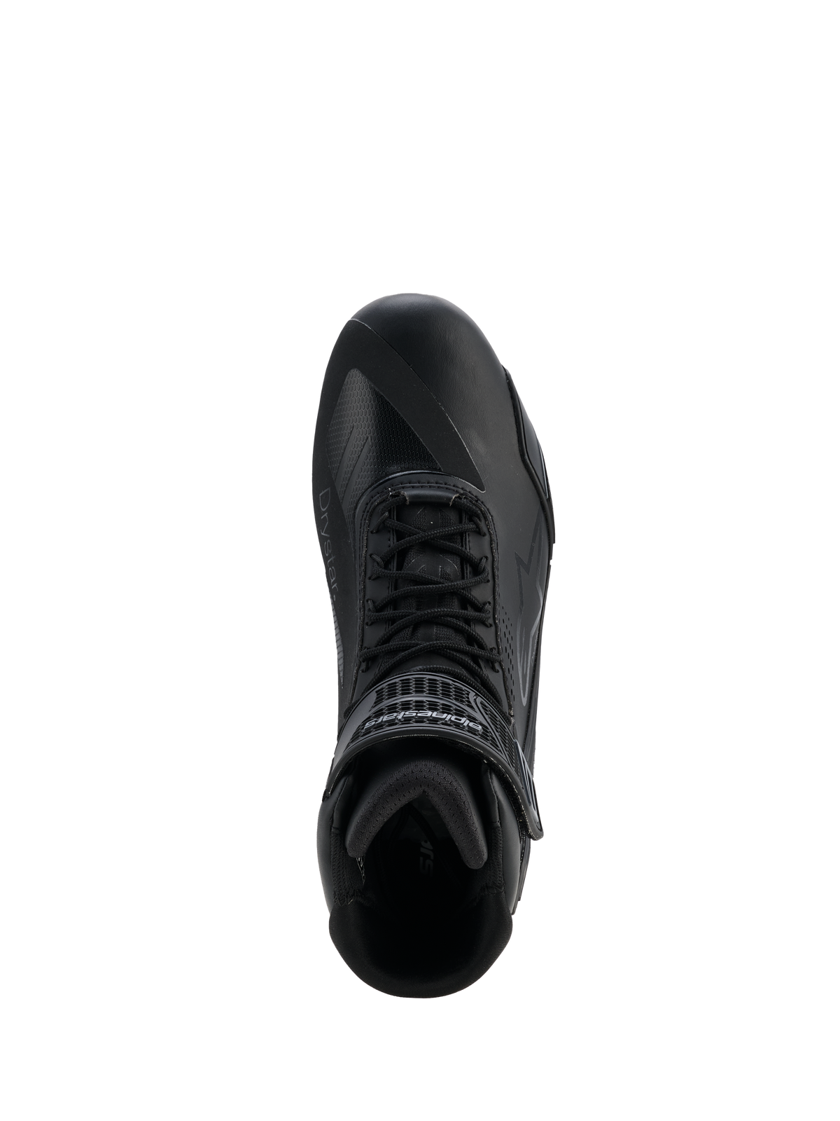 Alpinestars Faster-4 Drystar® Shoes, Black Cool Gray, top-down view of motorcycle riding shoe, featuring lace-up closure and a hook-and-loop ankle strap, seamless microfiber construction with Drystar® branding, sleek athletic profile for protective road riding.