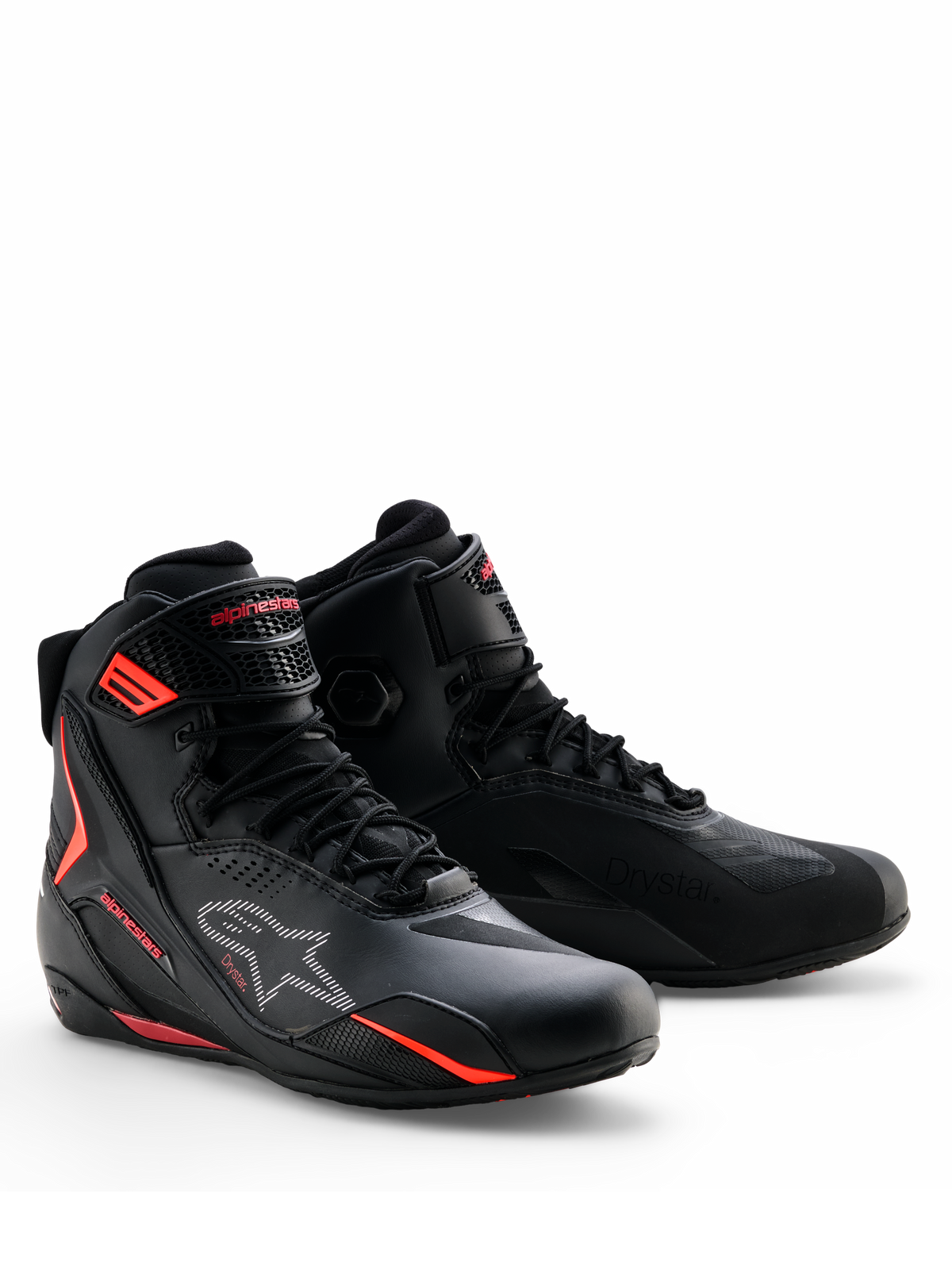 Alpinestars Faster-4 Drystar® Schuhe, Motorradschuhe, Schwarz mit Rio Red und Red Fluo Akzenten, Schnürdesign mit wasserdichtem Mikrofaser-Obermaterial, schlankes sportliches Profil für Straßen- und Sportfahrten