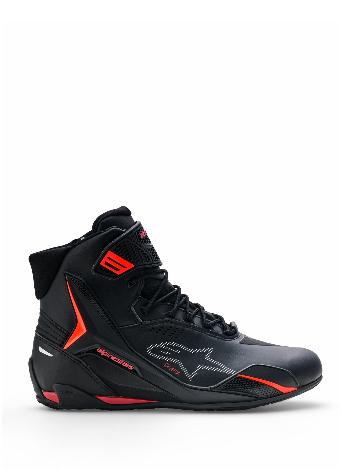 Alpinestars Faster-4 Drystar® Schuhe, Motorradschuhe, Schwarz mit Rio Red und Red Fluo Akzenten, Seitenansicht, High-Top-Design mit Schnürung und Knöchelriemen, sportlicher urbaner Stil