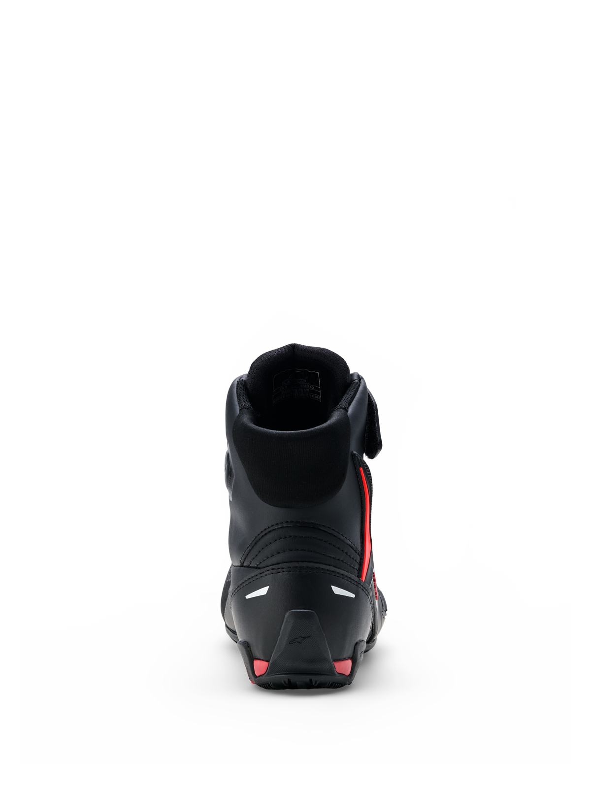 Alpinestars Faster-4 Drystar® Schuhe, Motorradschuhe, Schwarz mit Rio-Rot- und Fluo-Rot-Akzenten, Rückansicht mit verstärkter Fersenkappe, High-Top-Design und nahtloser Mikrofaser-Konstruktion.