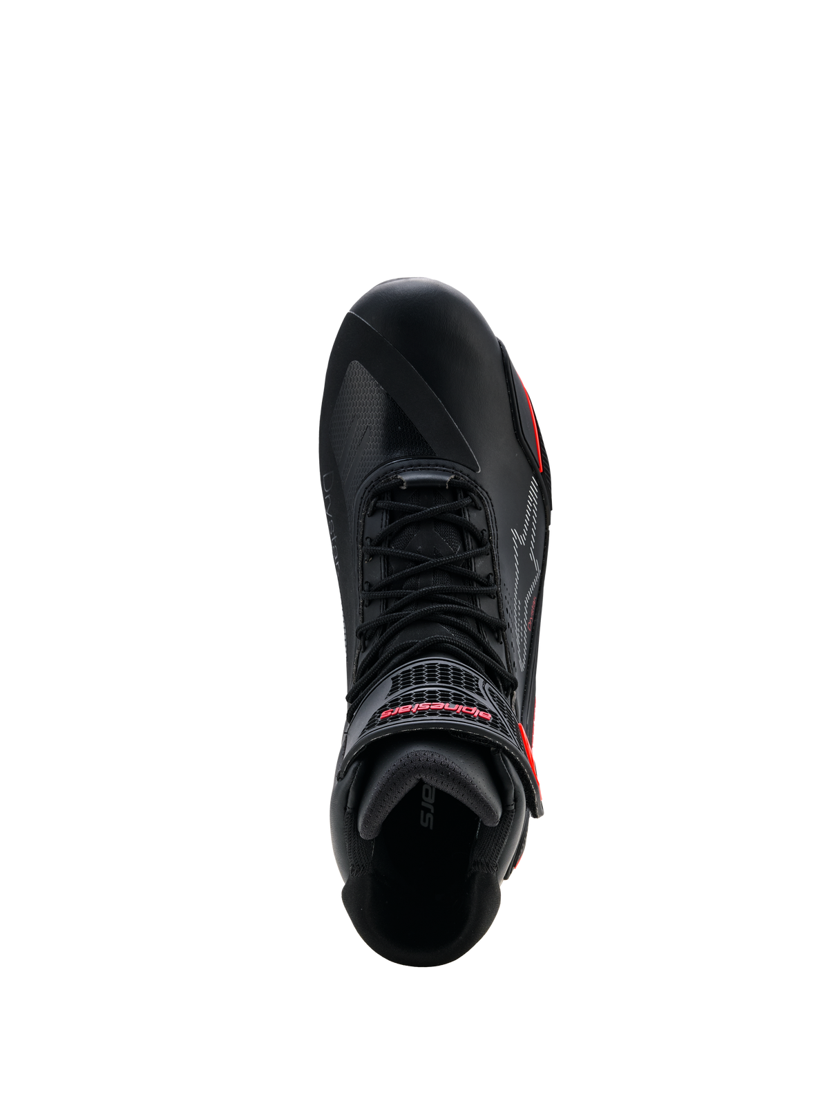 Alpinestars Faster-4 Drystar® Schuhe, Schwarz mit Rio Red und Red Fluo Akzenten, Draufsicht mit Schnürsystem und Klettverschluss mit rotem Branding, wasserdichte Motorradschuhe
