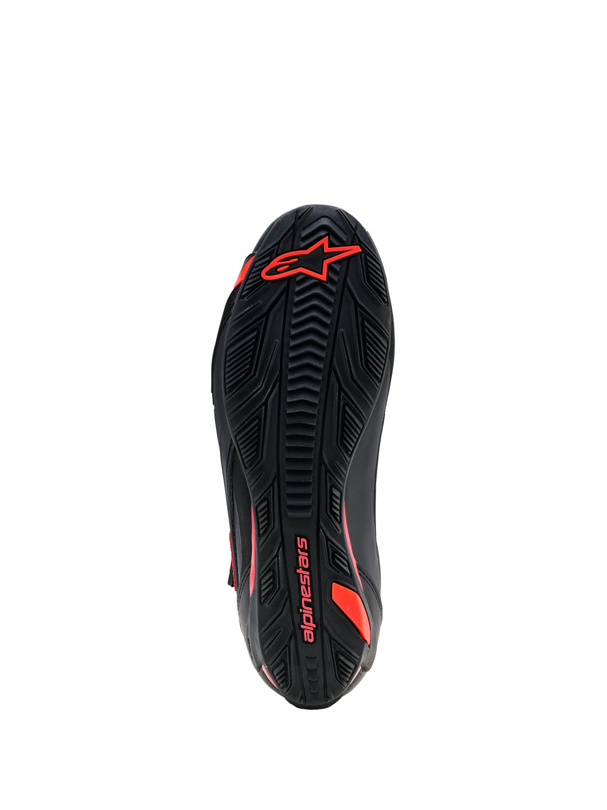 Alpinestars Faster-4 Drystar® Schuhe, Ansicht der Außensohle, Schwarz mit Red Fluo Branding, strukturierte Gummi-Gripsohle mit Alpinestars Logo und Wortmarke, strapazierfähige Motorradschuhe