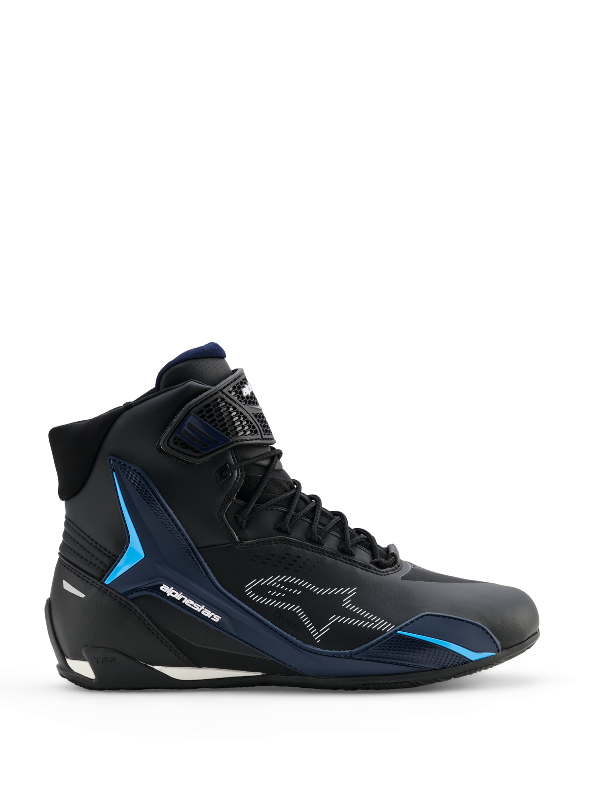 Alpinestars Faster-4 Drystar Schuhe, Motorradschuhe, Schwarz Night Navy Cyan, Seitenansicht mit High-Top-Sneaker-Design, cyanfarbene TPU-Stützpanele, weiß gestricheltes Alpinestars-Logo, Schnürverschluss mit strukturiertem Knöchelriemen.