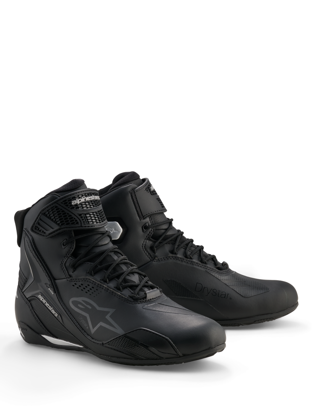 Alpinestars Stella Faster-4 Drystar® Schuhe, Wasserdichte Damen-Motorradschuhe, Schwarz und Silber, Mikrofaser-Obermaterial mit Schnürverschluss und Knöchelriemen, schützende TPU-Verstärkungen und Alpinestars-Branding.