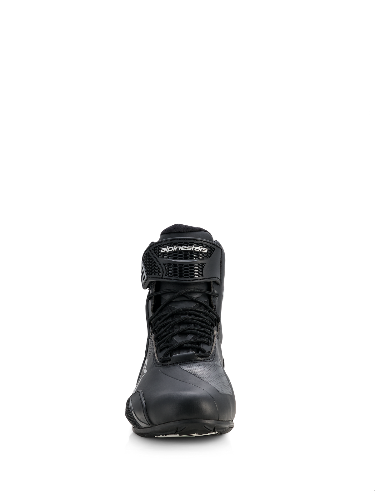 Alpinestars Stella Faster-4 Drystar® Damen-Schuhe, Motorradschuhe, Schwarz mit silbernen Akzenten, Vorderansicht mit Schnürverschluss und Klettverschluss am Knöchel mit Markenlogo, schlankes wasserdichtes Design für Sport- und Straßenfahrten