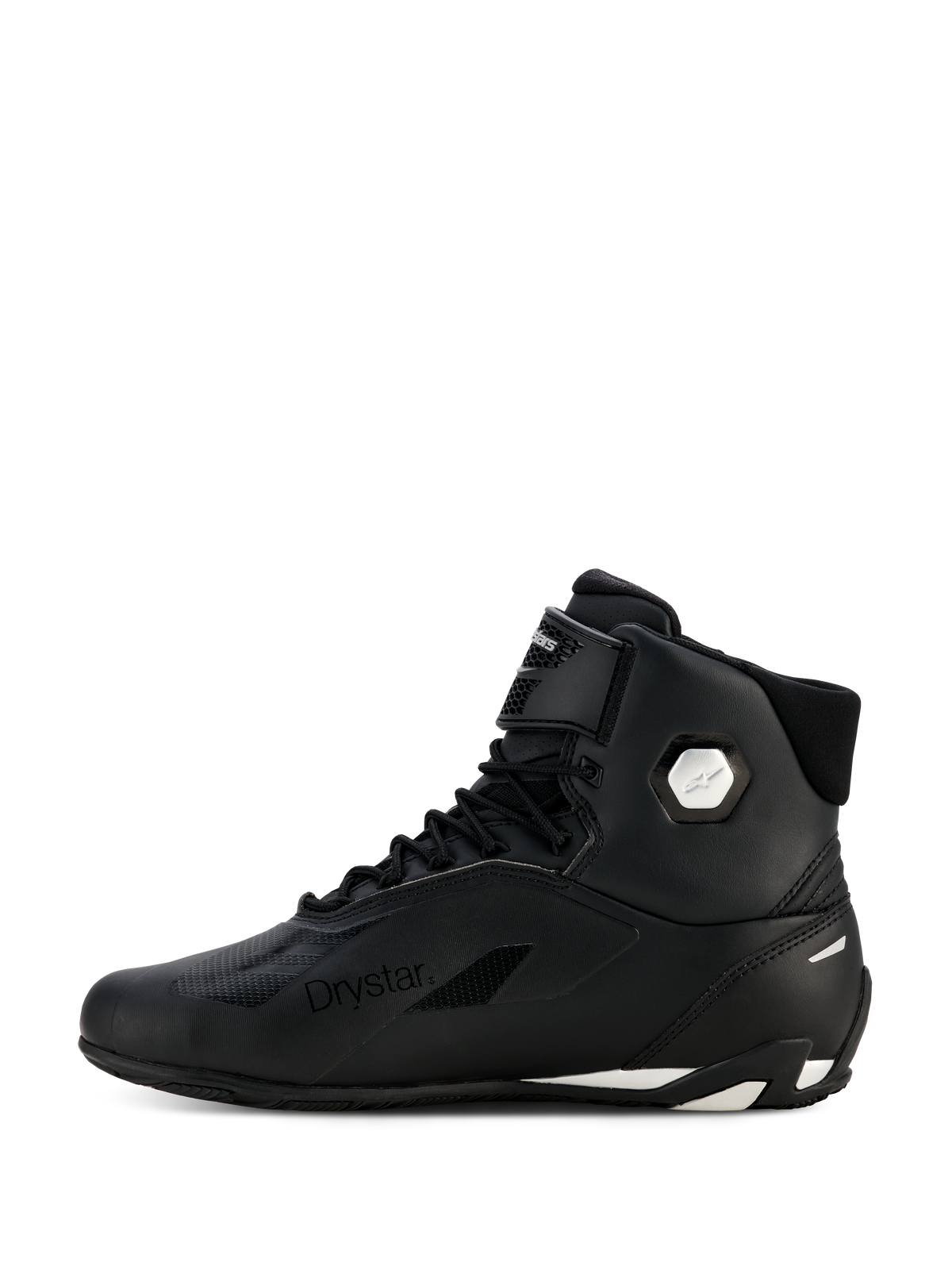 Alpinestars Stella Faster-4 Drystar® Damen-Schuhe, Schwarz und Silber, seitliche Profilansicht, wasserdichte Motorradschuhe mit Mikrofaser-Obermaterial, Schnürverschluss und Klettverschluss, mit Drystar-Branding und silbernem Knöchel-Logo.