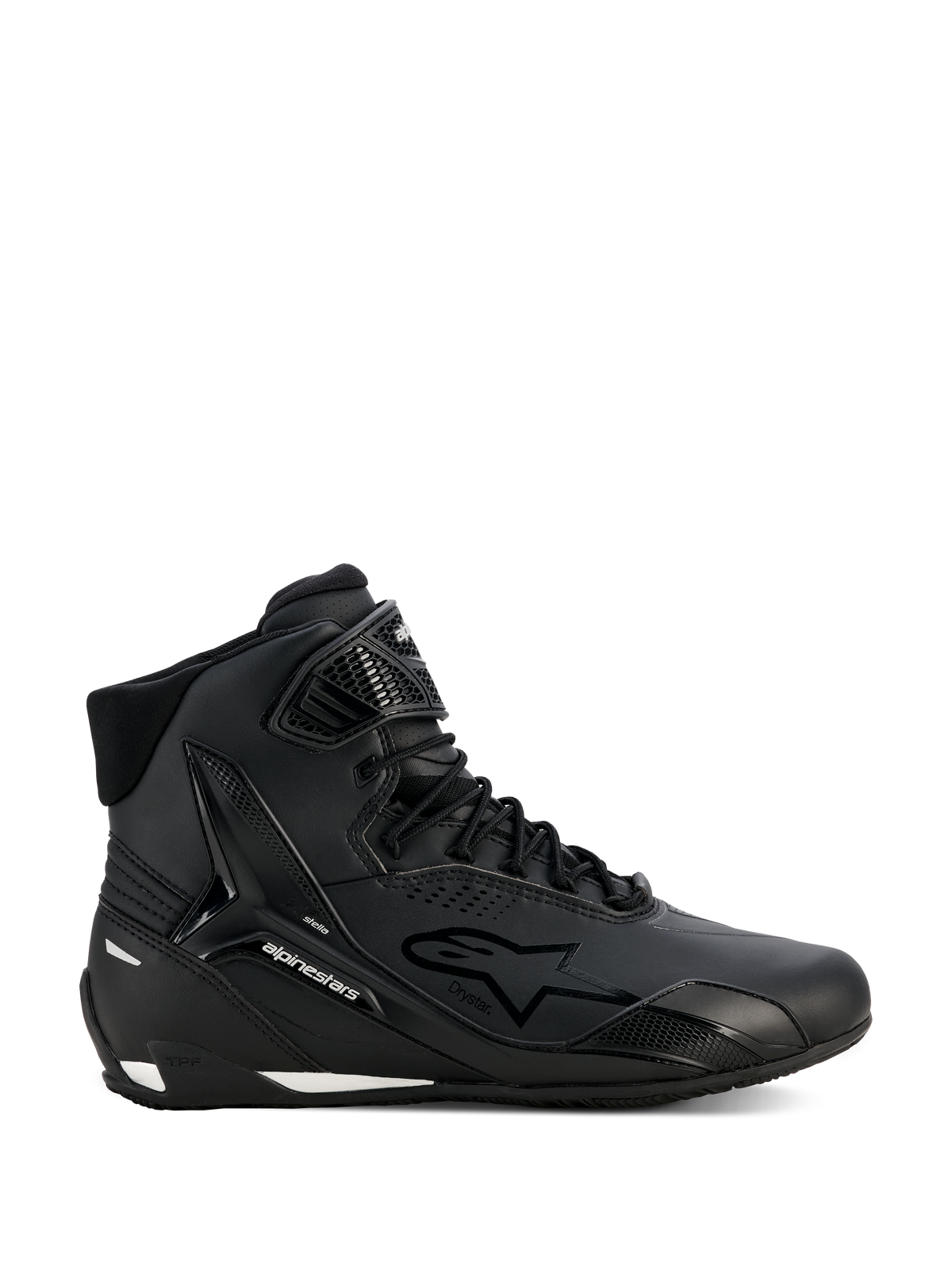 Alpinestars Stella Faster-4 Drystar® Schuhe, Damen-Motorradschuhe, Schwarz und Silber, High-Top-Design, Schnürverschluss mit Klettverschluss am Knöchel, nahtloses Mikrofaser-Obermaterial, wasserdichte Technologie, weiße Akzente an Sohle und Ferse
