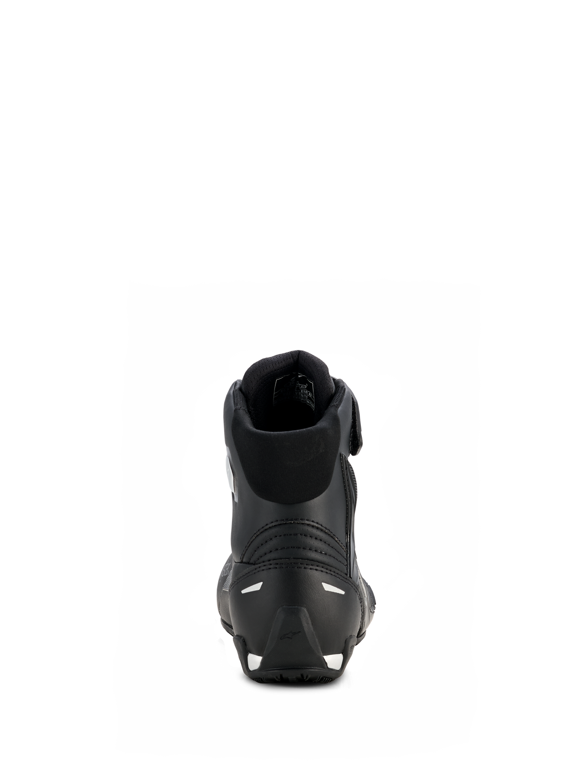 Alpinestars Stella Faster-4 Drystar® Damenschuhe, Schwarz und Silber, Rückansicht mit verstärkter Ferse und silbernen Akzenten, gepolstertem Kragen und wasserdichtem Mikrofaser-Design
