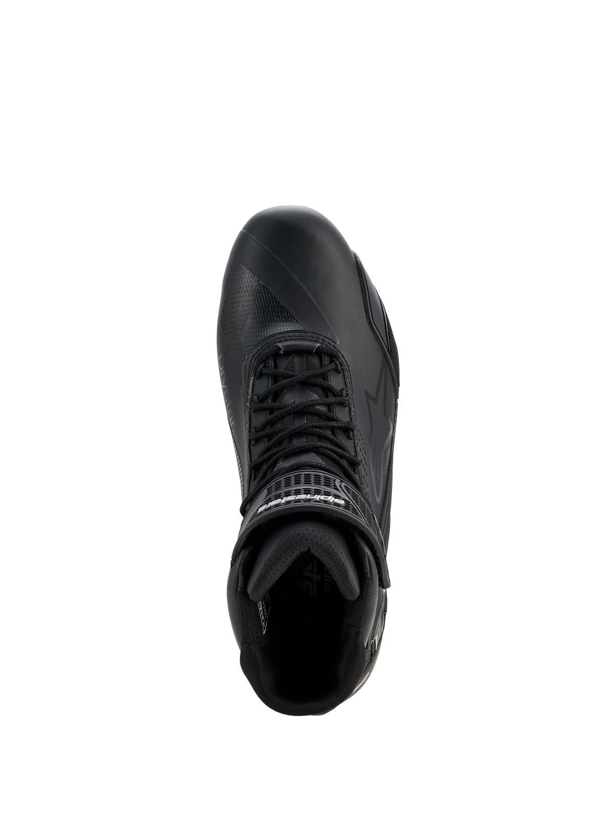 Alpinestars Stella Faster-4 Drystar® Damen-Schuhe, Motorradschuhe für Damen, Schwarz und Silber, Ansicht von oben mit Schnürverschluss, Klettverschluss-Knöchelriemen und wasserdichter Mikrofaser-Konstruktion