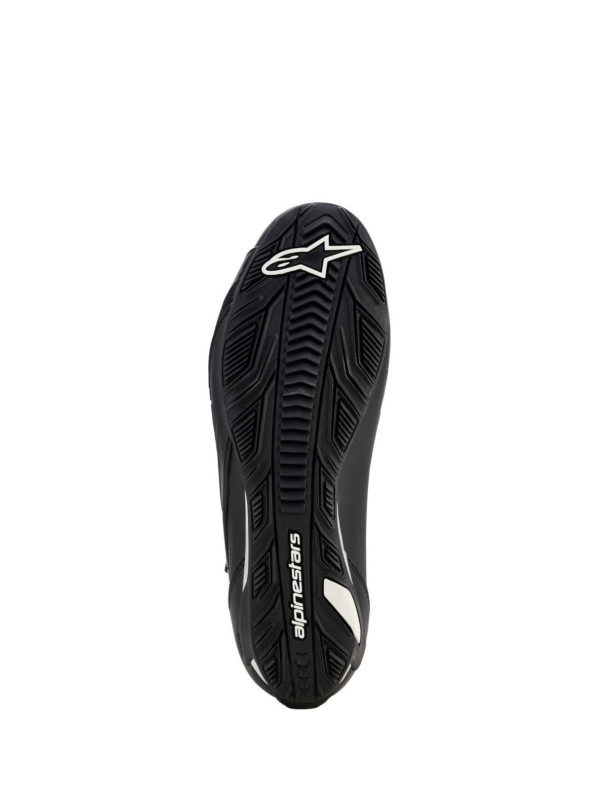 Alpinestars Damen Stella Faster-4 Drystar Schuhe, Motorradschuhe, Schwarz, Sohlenansicht mit strukturierter Gummiaußensohle, weißem Alpinestars-Logo und Branding, entwickelt für hervorragenden Grip und Langlebigkeit.
