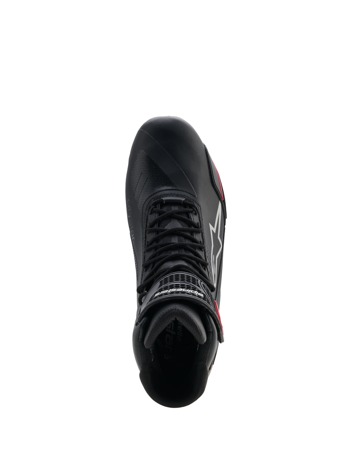 Alpinestars Woman Stella Faster-4 Drystar® Shoes, Motorcycle Riding Shoes, Black Gray and Coral Fluo, top-down view showing lacing system and hook-and-loop ankle strap, sleek microfiber design with waterproof Drystar® technology