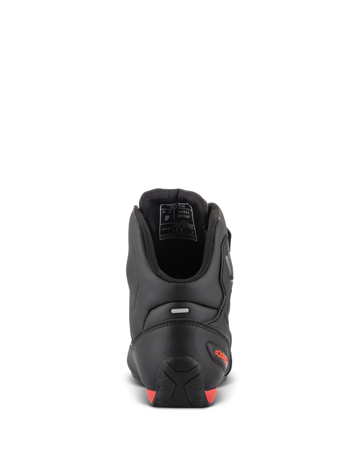 Alpinestars Faster-3 Drystar® Schuhe, Motorradschuhe, Rückansicht mit Ferse und Knöchel, schwarze Mikrofaser mit leuchtroten Akzenten, Reflektorstreifen für bessere Sichtbarkeit, sportlich inspirierte Schutzausrüstung für Straße und Stadt.