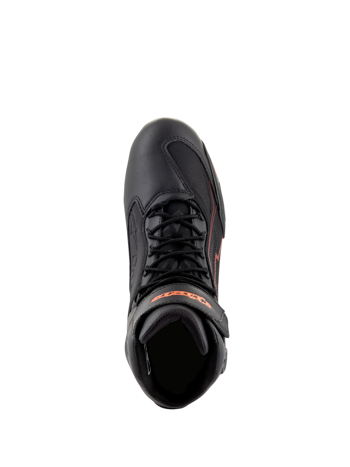 Alpinestars Faster-3 Drystar® Schuhe, Motorradschuhe, Schwarz mit Red Fluo Akzenten, Draufsicht mit Schnürsenkeln und Knöchelriemen, technische Mikrofaser-Konstruktion