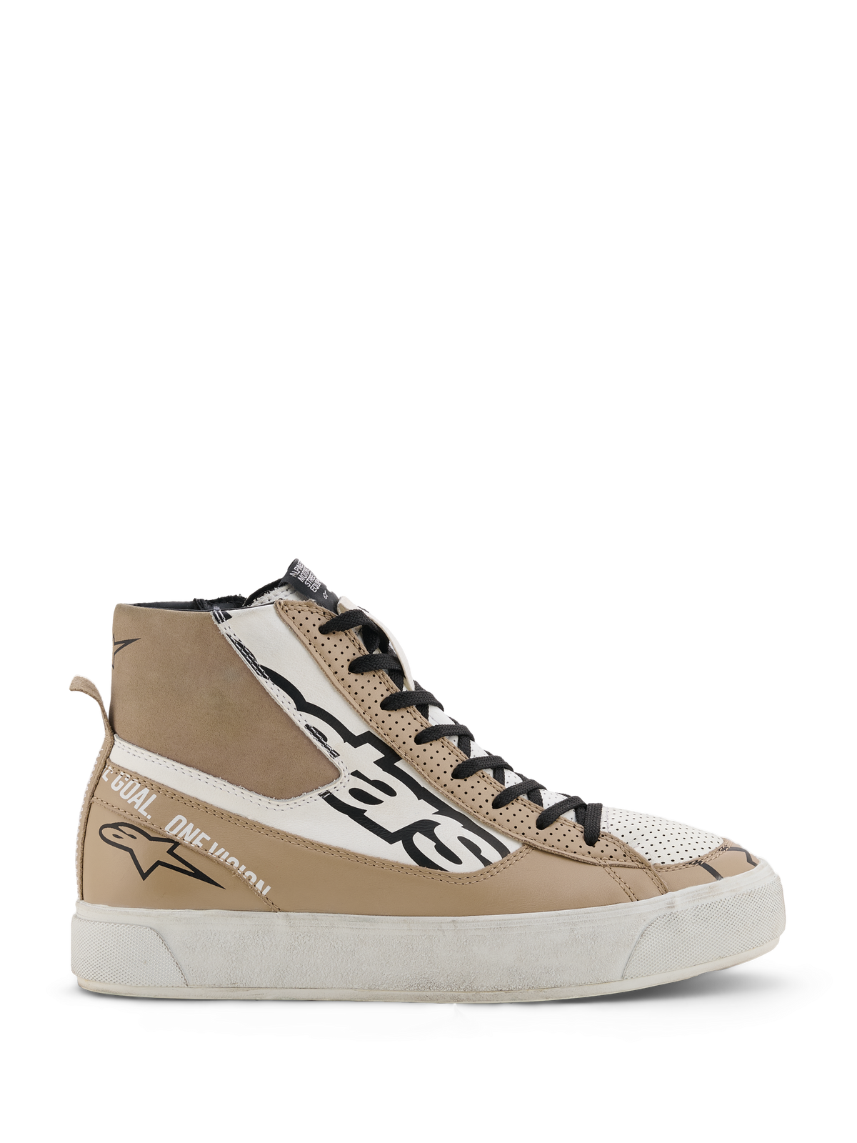 Alpinestars Stella Stated Flair Schuhe, High-Top-Motorradschuhe für Damen in Warmgrau und Weiß, mit schwarzen Schnürsenkeln, perforierten Lederdetails und dem Schriftzug „One Goal. One Vision.“ an der Seite.