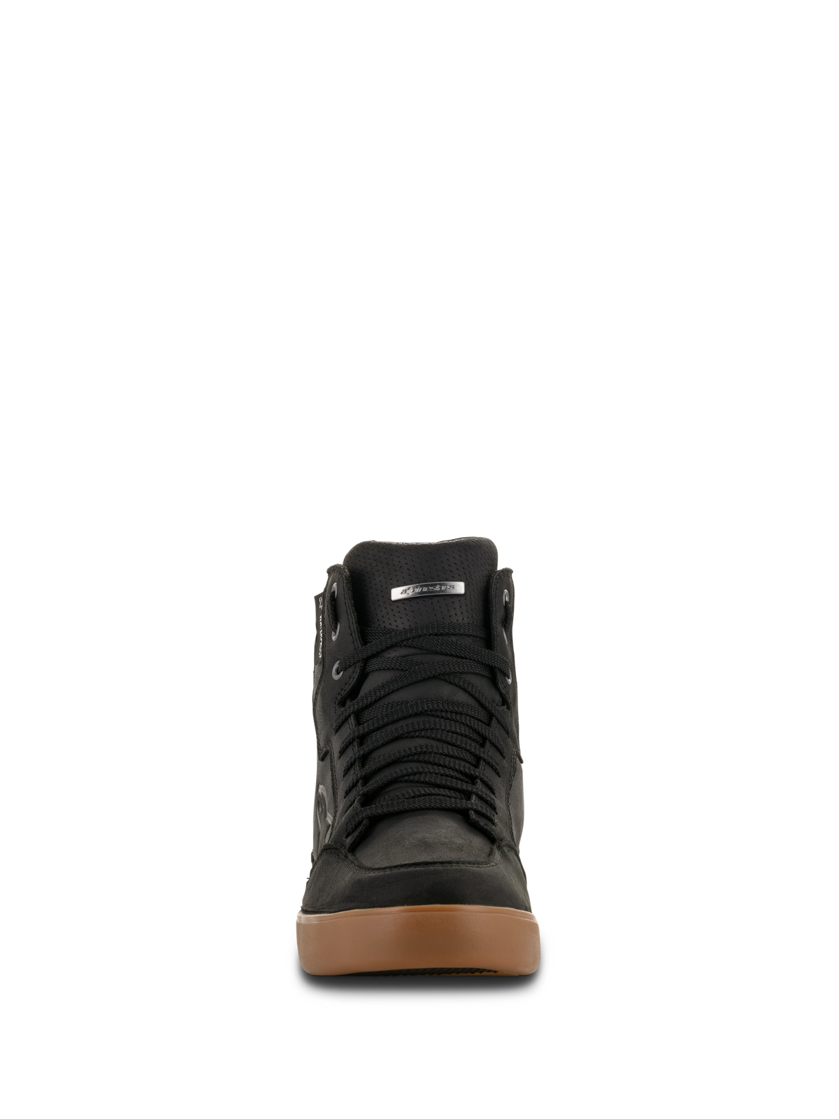 Alpinestars J-6 Waterproof Shoe, Motorcycle Riding Shoe, Black Gum, Front view showing black laces and brown rubber sole, sneaker-style design for urban road riding