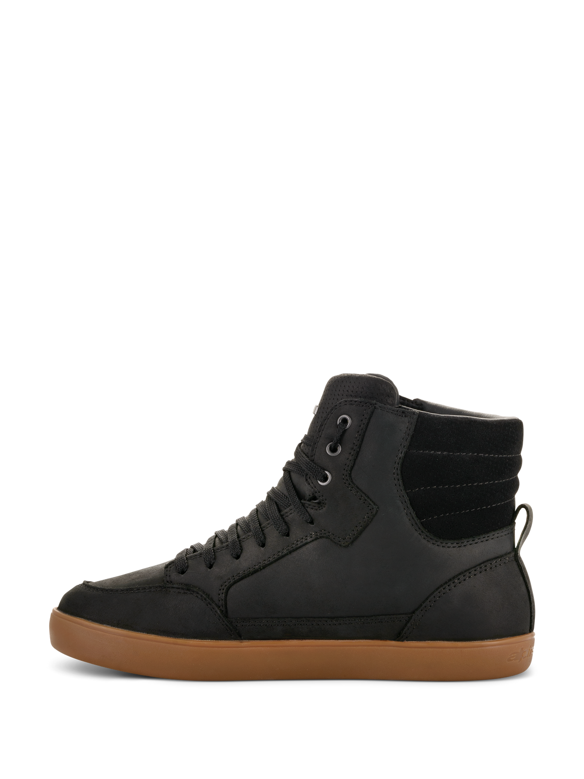 Alpinestars J-6 Waterproof Shoe, Motorcycle Riding Shoe, Black with Brown Gum sole, side profile view, high-top sneaker design, leather upper, casual urban motorcycle footwear