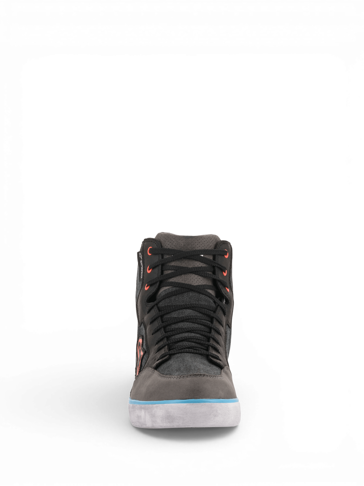 Alpinestars J-6 Wasserdicht Canvas Schuhe, grau-schwarze Urban Motorradsneaker mit hellblauen Akzenten.