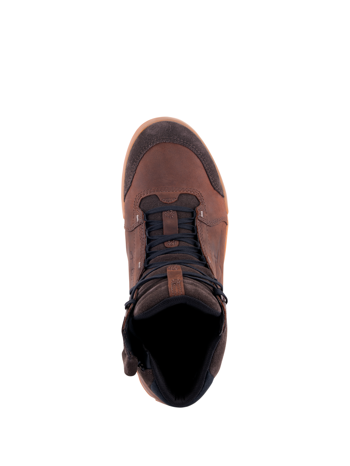 Alpinestars Chrome Crafted Drystar® Shoes, Urban Riding Shoes, Brown Gum, Top-down view, leather and suede upper with dark laces and gum sole, casual waterproof motorcycle footwear