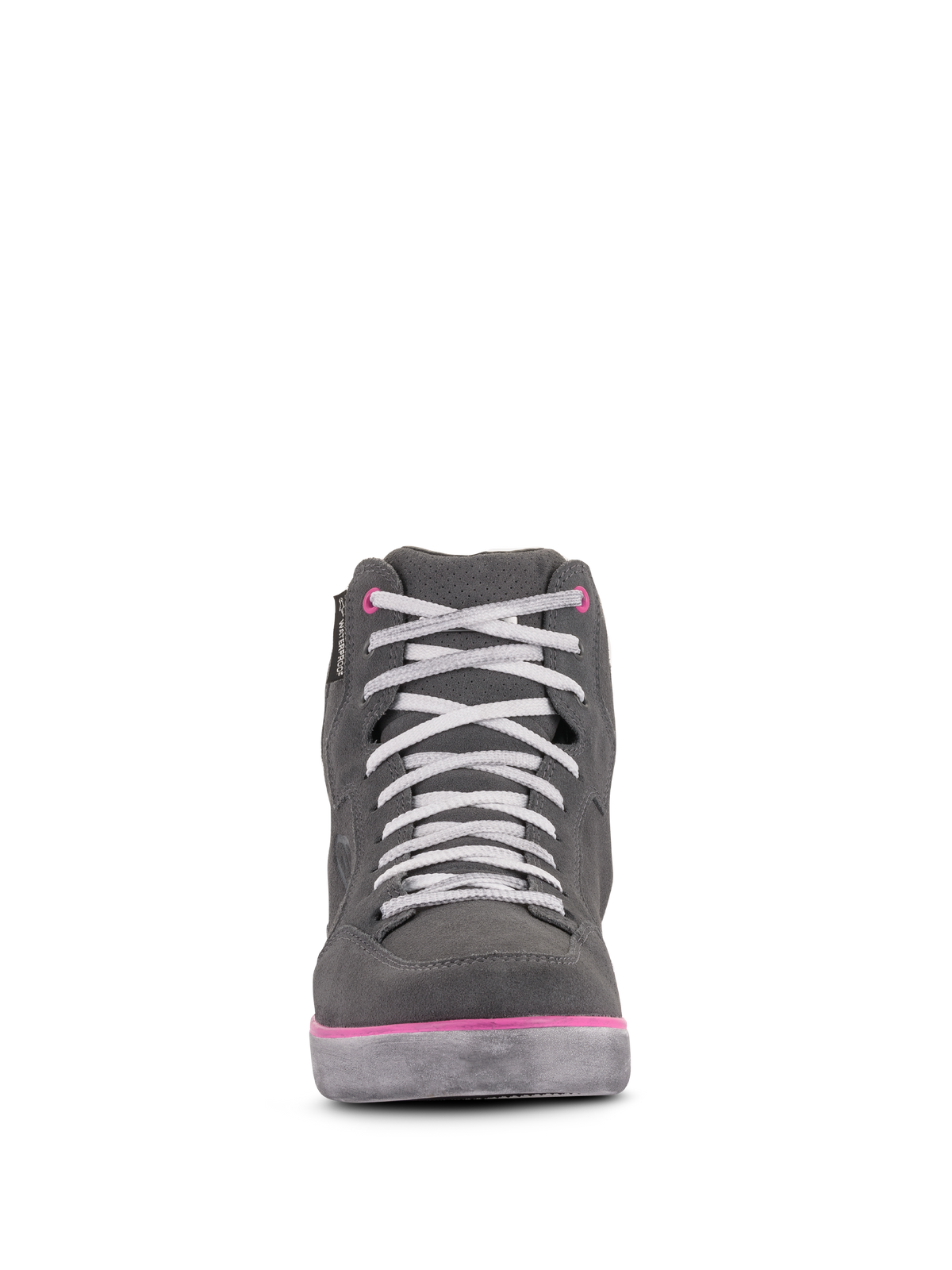 Alpinestars J-6 Wasserdichte Damenschuhe, Motorradschuhe, Hellgrau und Fuchsia, Vorderansicht eines High-Top-Sneakers mit weißen Schnürsenkeln und rosa Akzenten, wasserdichte Konstruktion aus Leder und Wildleder