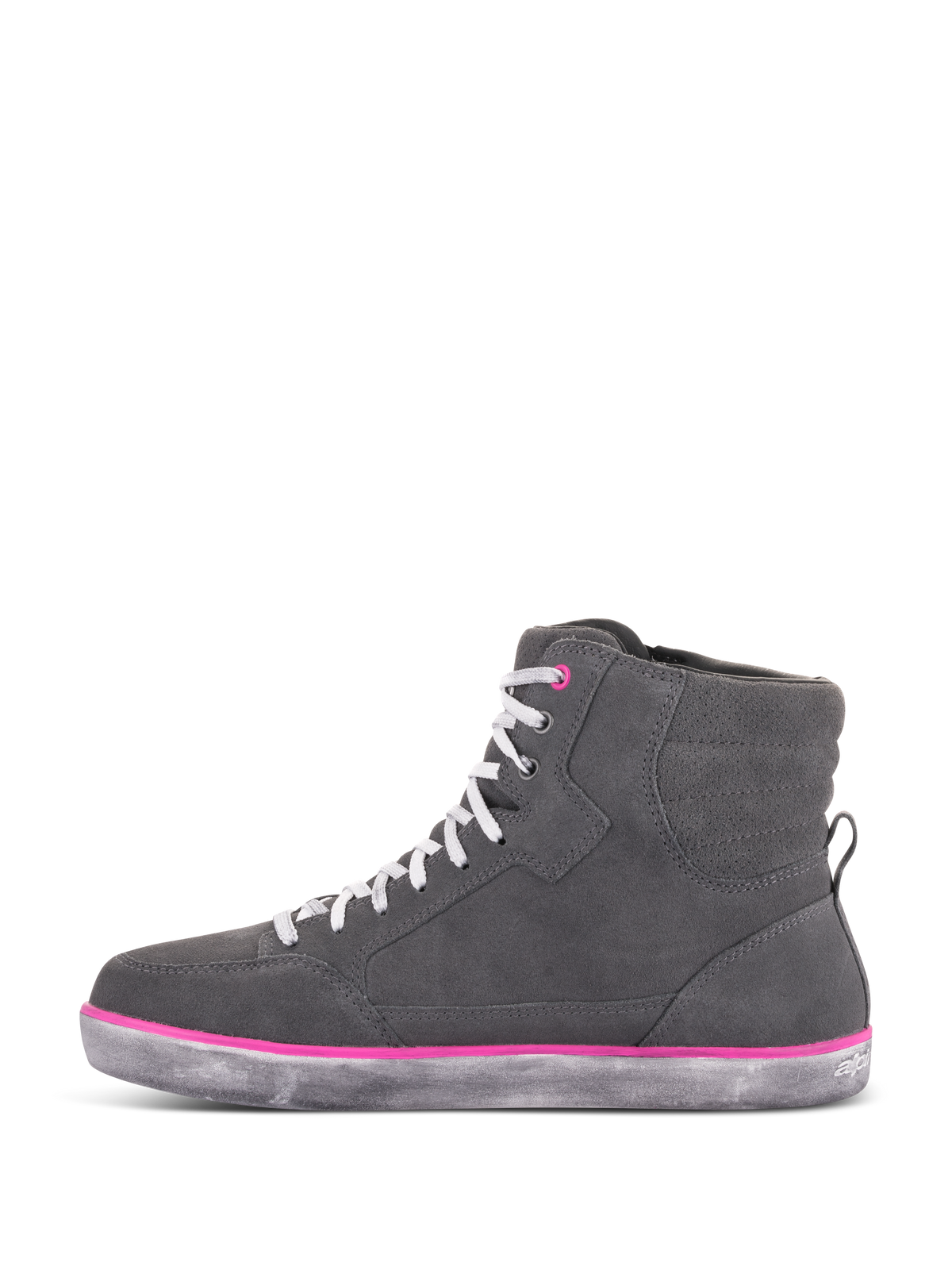 Alpinestars J-6 Waterproof Damen-Schuhe, Motorradschuhe, Hellgrau und Fuchsia, High-Top-Sneaker-Design mit Obermaterial aus grauem Wildleder, weißen Schnürsenkeln, fuchsiafarbenen Akzenten und einer grauen Gummisohle im Used-Look