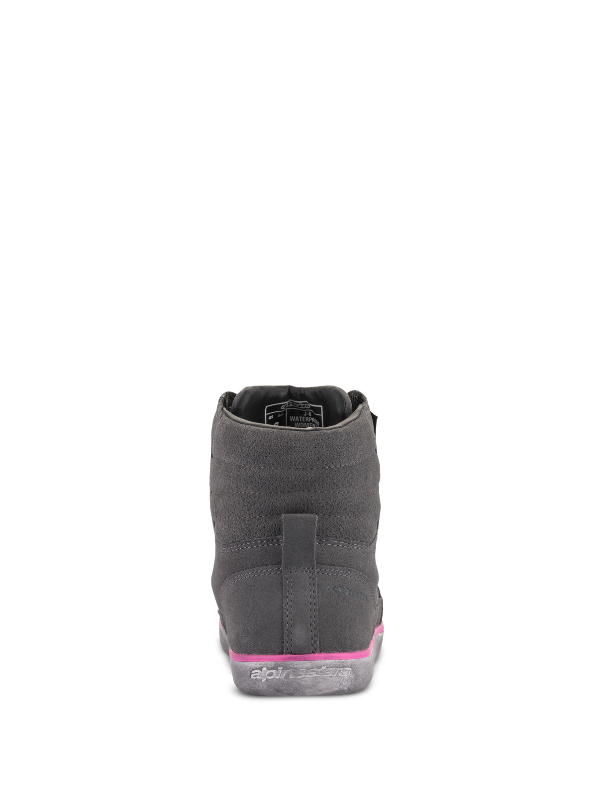 Alpinestars Damen J-6 Waterproof Motorradschuh, Grau und Fuchsia, Rückansicht, Obermaterial aus Wildleder mit pinkfarbenem Zwischensohlendetail und geprägtem Logo auf der Gummisohle, urbaner Motorradschuh