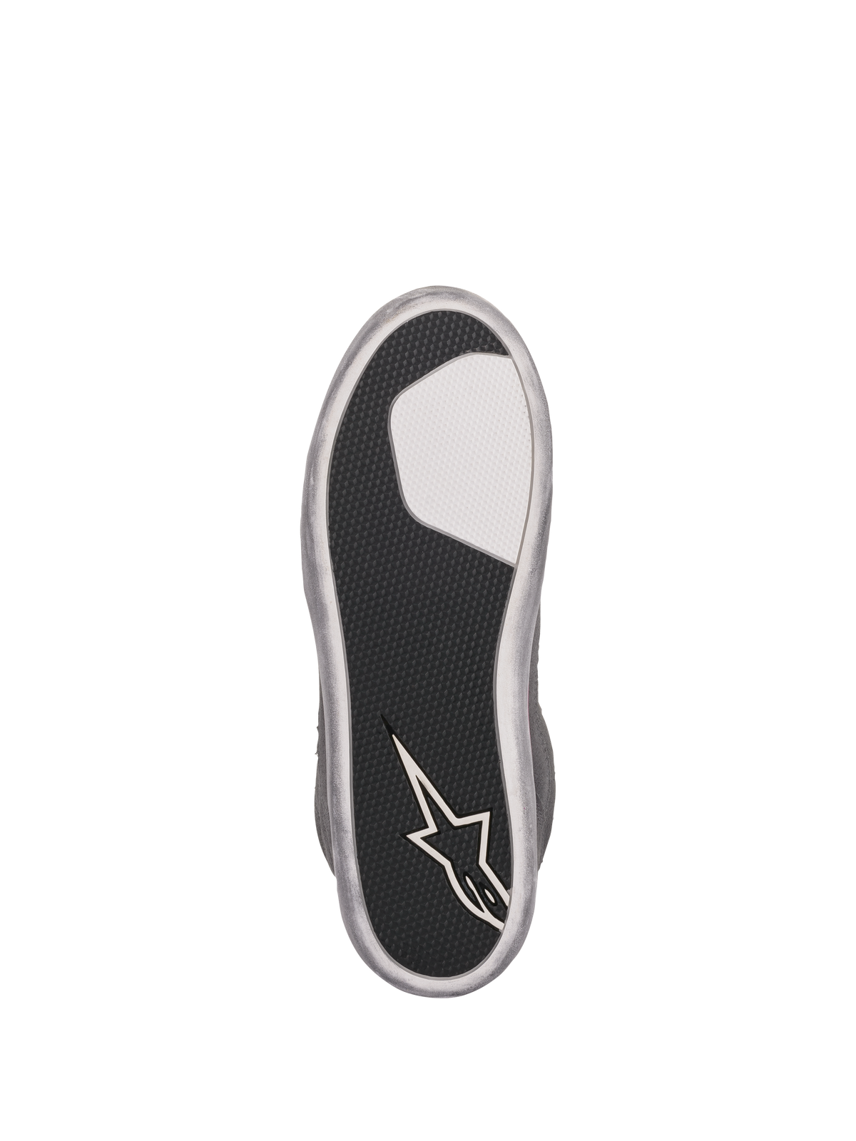 Alpinestars J-6 Waterproof Damen-Schuhe, Ansicht der Außensohle, schwarze strukturierte Gummisohle mit weißem Einsatz und Alpinestars-Sternlogo an der Ferse, silbergrauer Rand, langlebiges Grip-Design