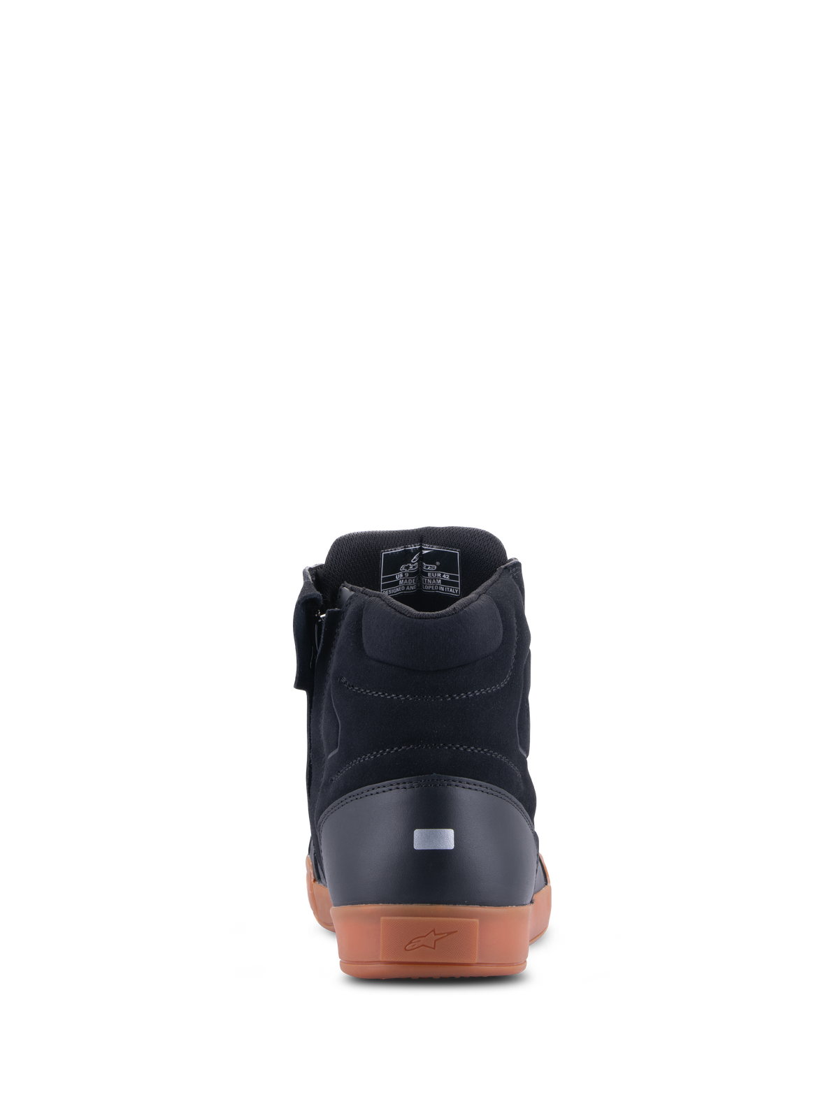 Alpinestars Chrome Drystar® Shoes, Rear View, Black and Gum, Urban Motorcycle Shoes, featuring a leather and suede upper, reflective heel detail, and a gum rubber sole with embossed logo