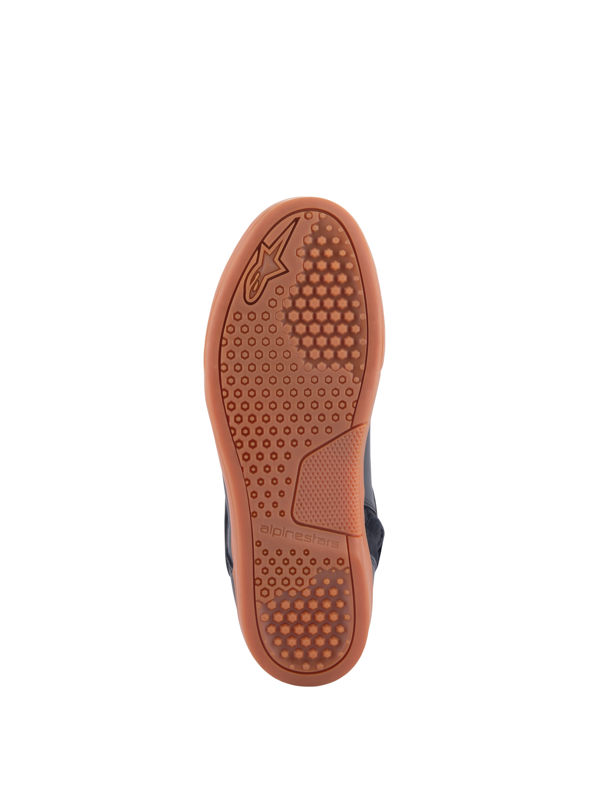 Alpinestars Chrome Drystar® Shoes, sole view, gum-colored rubber outsole with hexagonal grip pattern, urban casual motorcycle footwear, Black Black Gum colorway