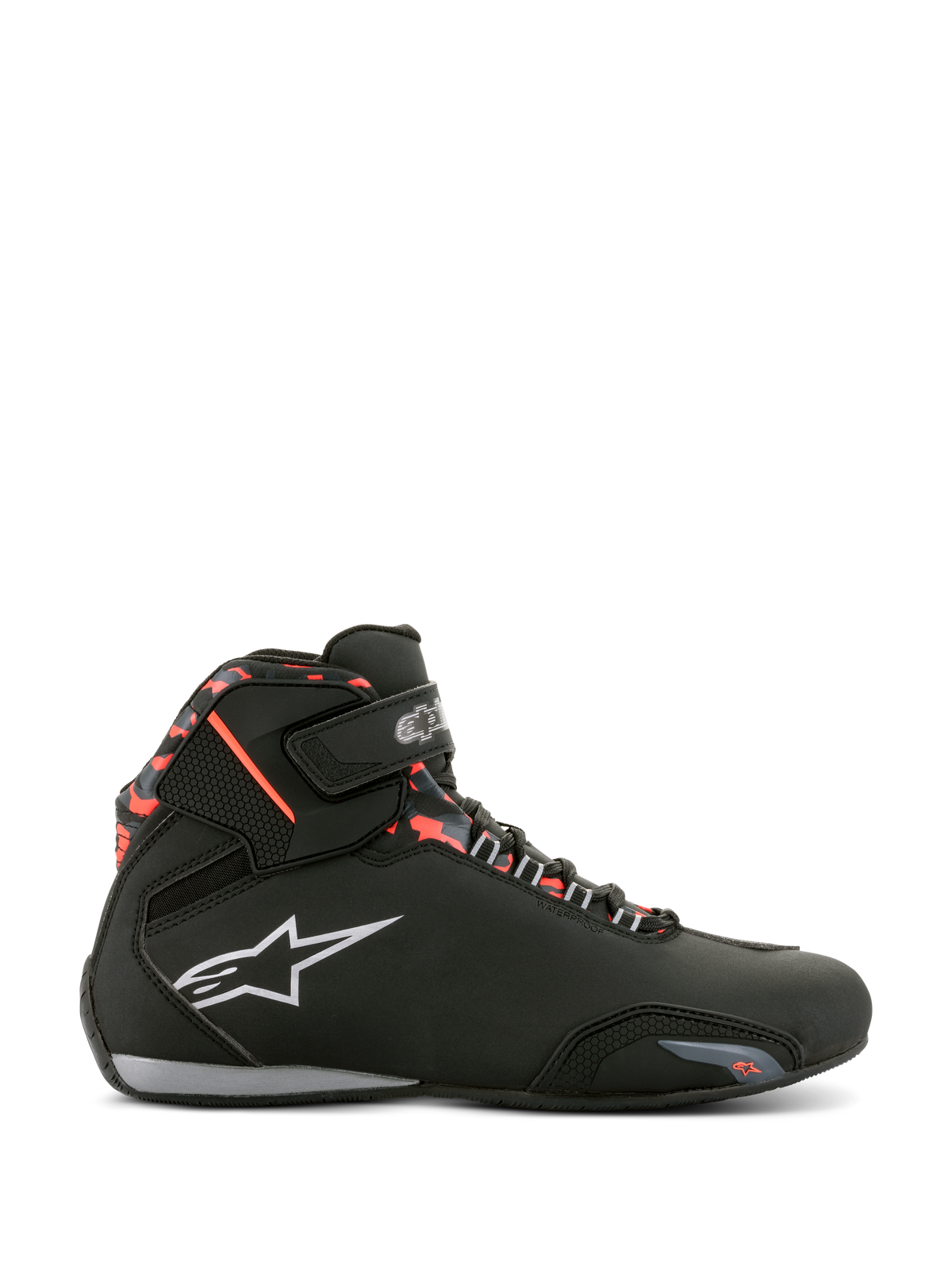 Alpinestars Sektor Waterproof Shoes, Black with Dark Gray and Red Fluo accents, side profile of a motorcycle riding shoe, features white Alpinestars logo, red camouflage pattern on the ankle, velcro strap, and waterproof construction for road riding