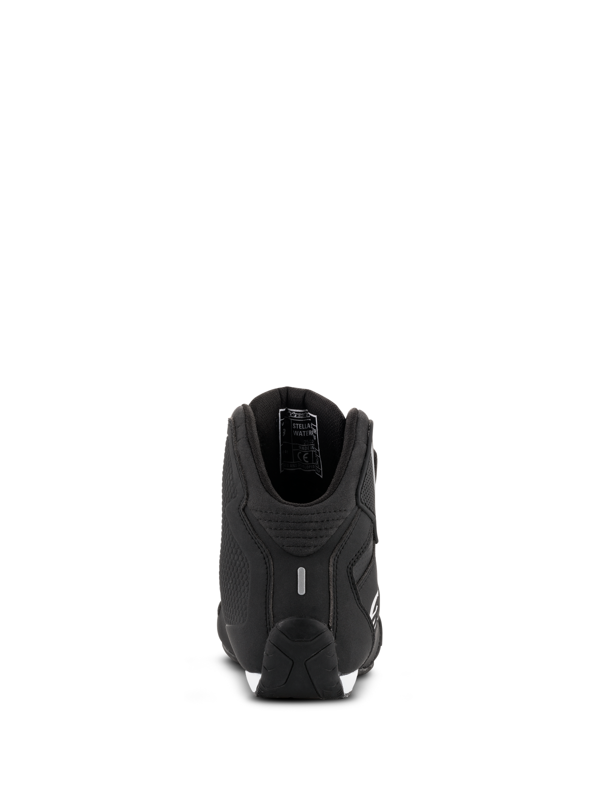 Alpinestars Damen Stella Sektor Wasserdichte Schuhe, Motorradschuhe, Schwarz-Silber, Rückansicht mit verstärkter Ferse und reflektierendem Detail, leichtes Mikrofaser-Chassis mit wasserdichtem Membranfutter