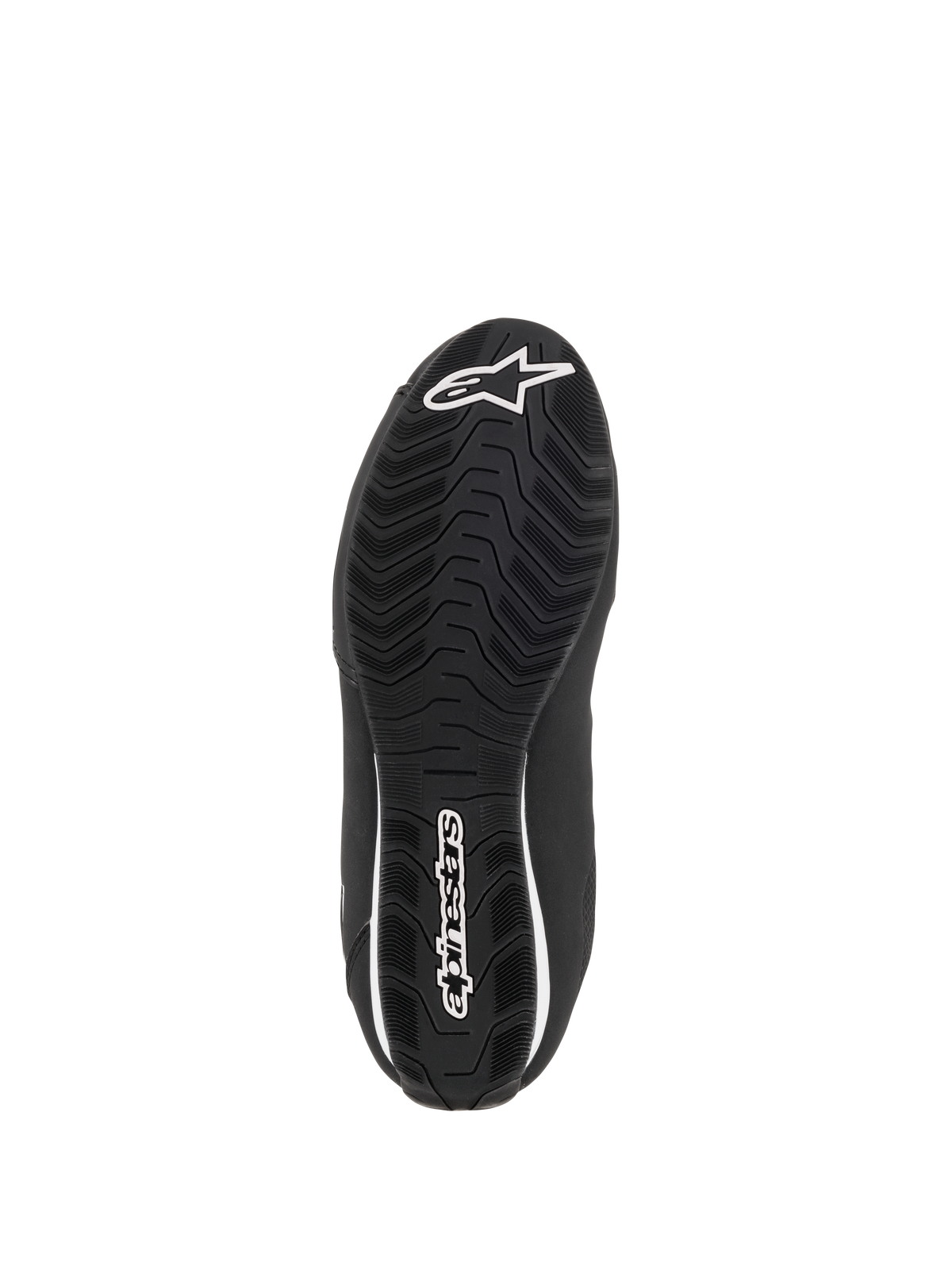 Alpinestars Stella Sektor Waterproof Damen-Schuhe, Unteransicht der schwarzen Gummisohle, texturiertes wellenförmiges Profilmuster für Traktion, weißes Alpinestars Stern-Logo und Wortmarke, konzipiert für optimalen Wasserabfluss und Griffigkeit.
