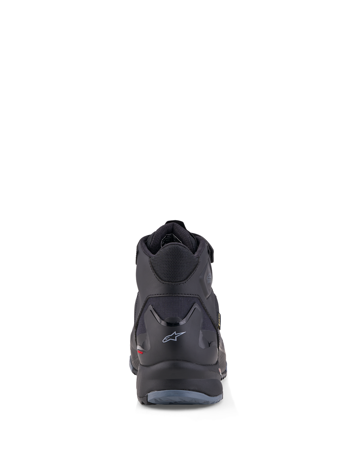 Alpinestars Cr X Gore Tex Schuhe, wasserdichte Motorradschuhe, Rückansicht in Schwarz und Dunkelgrau, mit GORE-TEX-Membran und schützender Fersenstruktur
