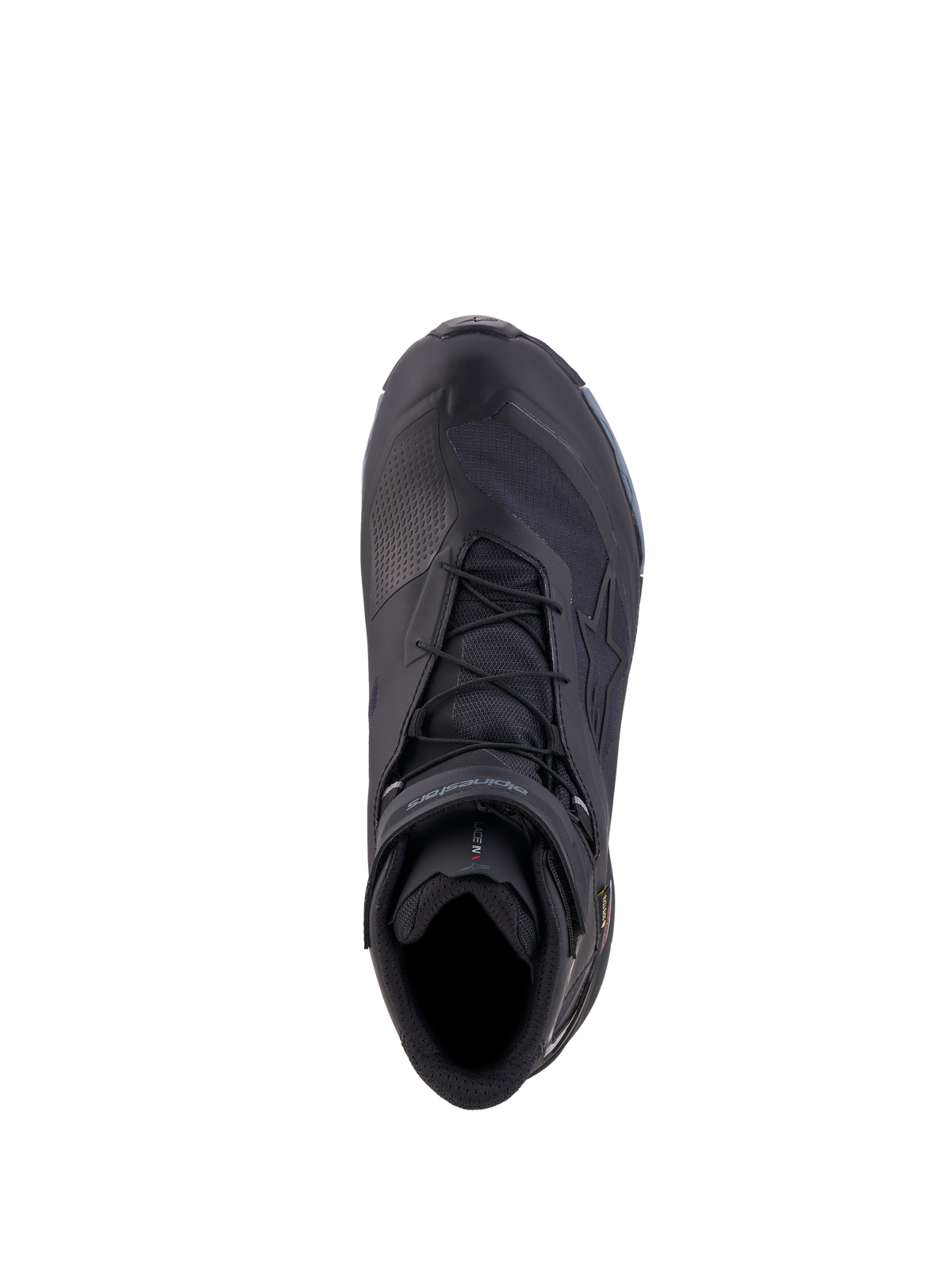 Alpinestars Cr X Gore Tex Schuhe, wasserdichte Motorradschuhe, Schwarz und Dunkelgrau, Ansicht von oben auf das Schnürsystem und die Schutzkonstruktion