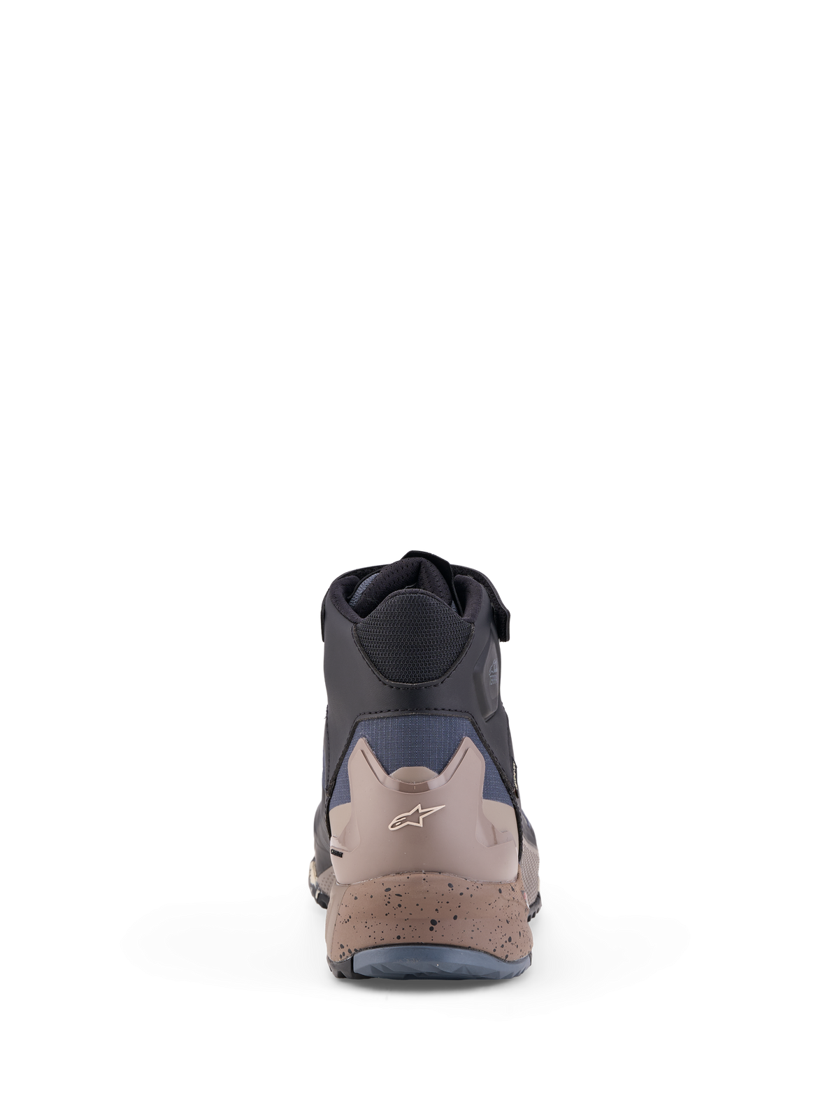 Alpinestars Cr-X Gore-Tex Shoes, waterproof all-terrain motorcycle riding shoes, rear view showing black, dark gray, and beige multi-material construction with speckled sole and subtle Astar logo