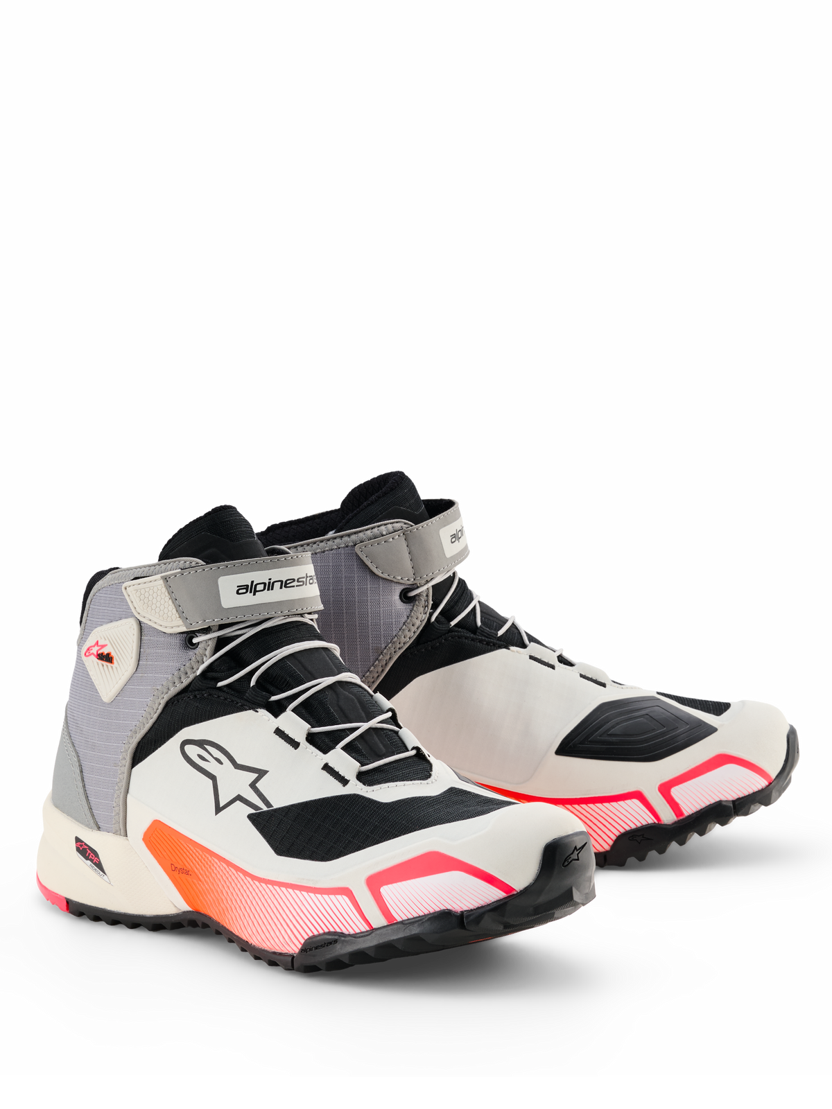 Alpinestars CR-X Damen Drystar® Motorradschuhe, Weiß Mittelgrau Schwarz Diva Pink, schlanke sportliche Silhouette mit leuchtend pinken Verlaufsakzenten, Klettverschluss am Knöchel und Astar-Logo an der Seite, wasserfestes Schutzschuhwerk für den Straßeneinsatz