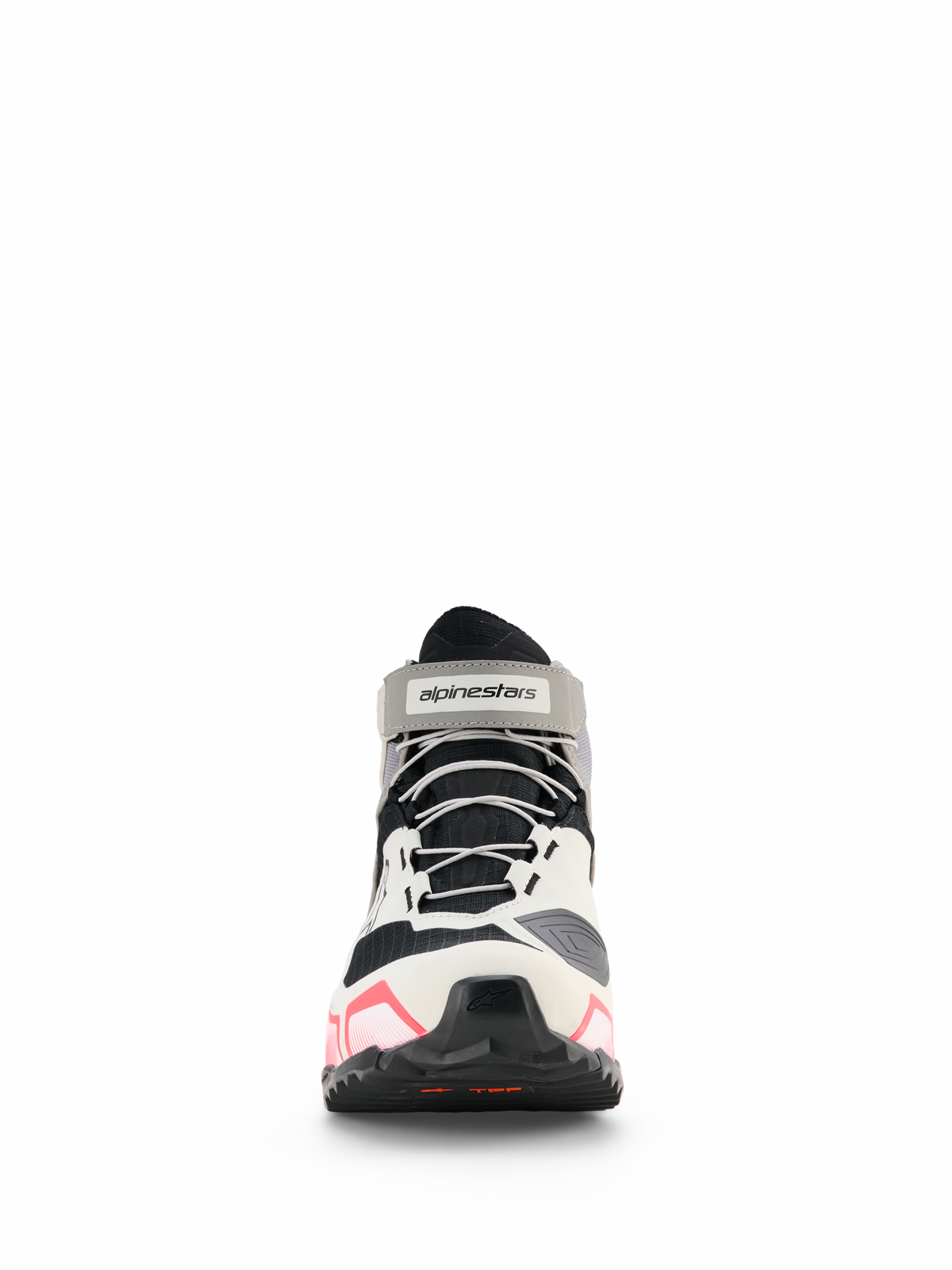 Alpinestars CR-X Damen Drystar® Motorradschuhe, Damen-Motorradschuhe, Weiß, Mittelgrau, Schwarz und Diva Pink, Vorderansicht mit grauen Schnürsenkeln und Marken-Knöchelriemen, sportliches Design mit pinkfarbenen Akzenten an der Sohle, wasserdichtes Motorradschuhwerk