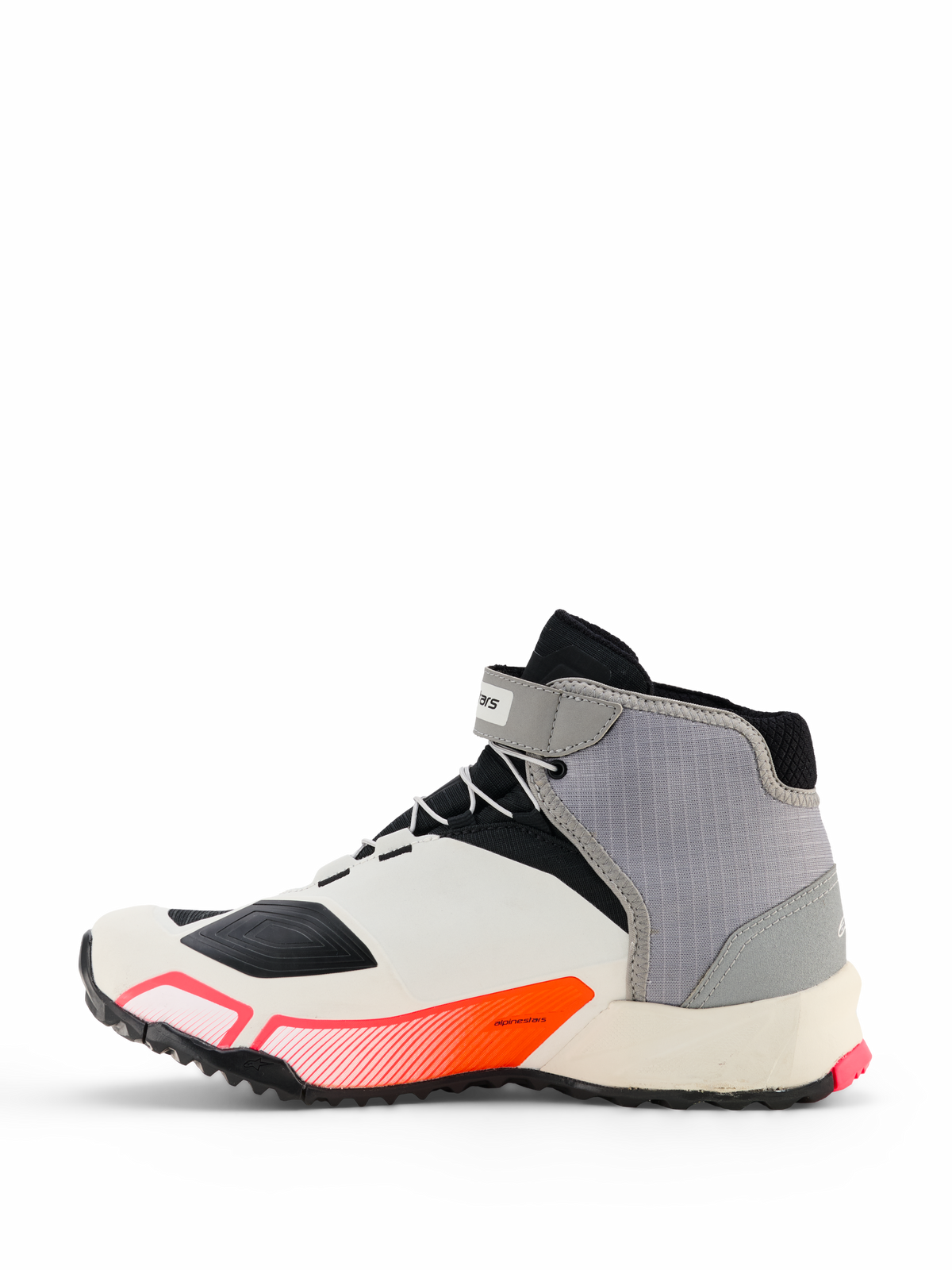 Alpinestars CR-X Damen Drystar® Motorradschuhe in Weiß, Mittelgrau, Schwarz und Diva Pink, Seitenprofil mit sportlichem Design, Knöchelriemen und dicker Sohle, entwickelt für ganztägigen Gehkomfort und Schutz