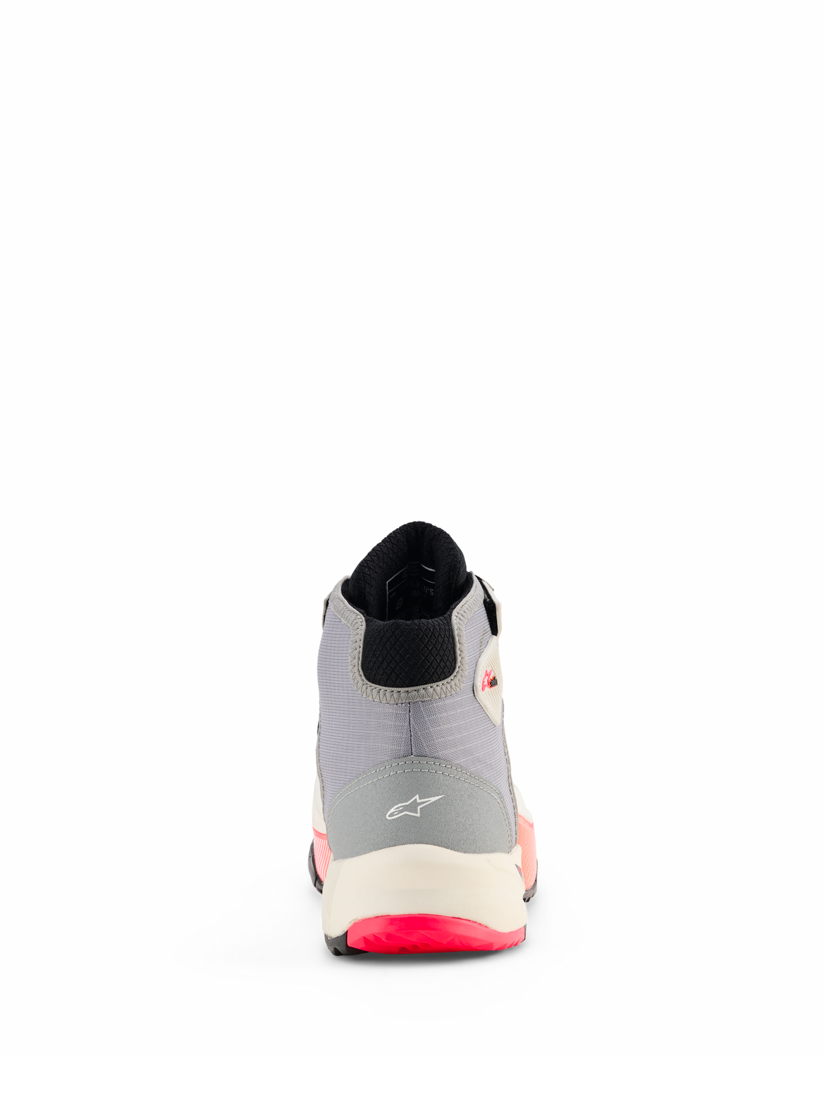 Alpinestars CR-X Damen Drystar® Motorradschuhe, Weiß Mittelgrau Schwarz und Diva Pink, Rückansicht zeigt Fersenkonstruktion mit Alpinestars-Logo, weiße Zwischensohle und leuchtend pinke Details der Außensohle.