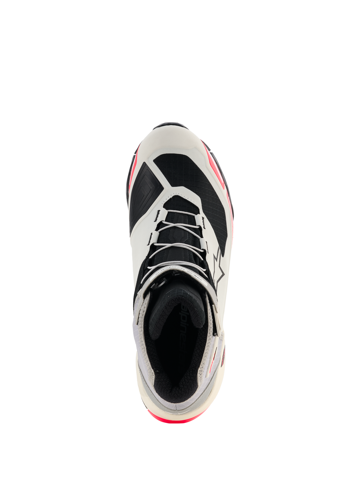 Alpinestars CR-X Damen-Drystar® Motorradschuhe, Weiß, Mittelgrau, Schwarz und Diva Pink, Draufsicht mit Fokus auf Schnürung und Innenfutter, sportliches, von Laufschuhen inspiriertes Design mit pinkfarbenen Akzenten, wasserdichte Motorradschuhe