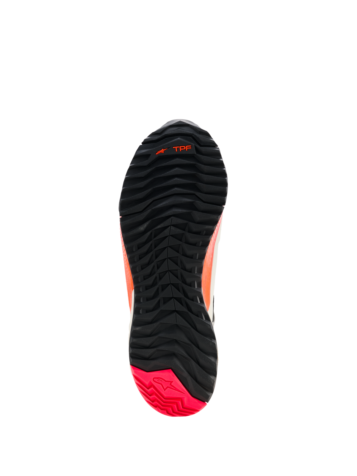 Alpinestars CR-X Damen-Drystar® Motorradschuhe, Ansicht der Außensohle, Schwarz mit Ferse in Diva Pink, robustes Profil mit asymmetrischer Stollenanordnung, Vorfuß-Flexrillen und TPF-Branding