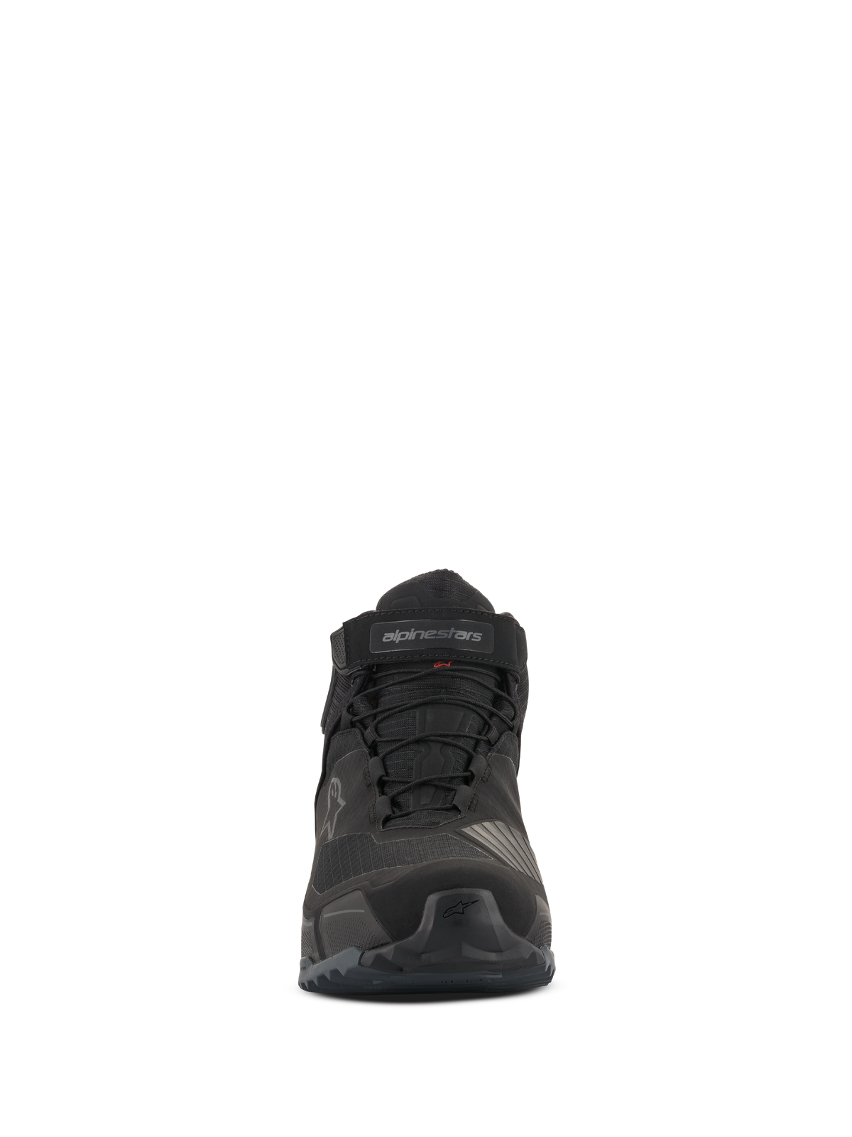 Alpinestars CR-X Drystar® Motorradschuhe, Vorderansicht, Komplett Schwarz, wasserfeste Motorradschuhe mit Schnürsenkeln und Klettriemen am Knöchel, sportliches, von Laufschuhen inspiriertes Design